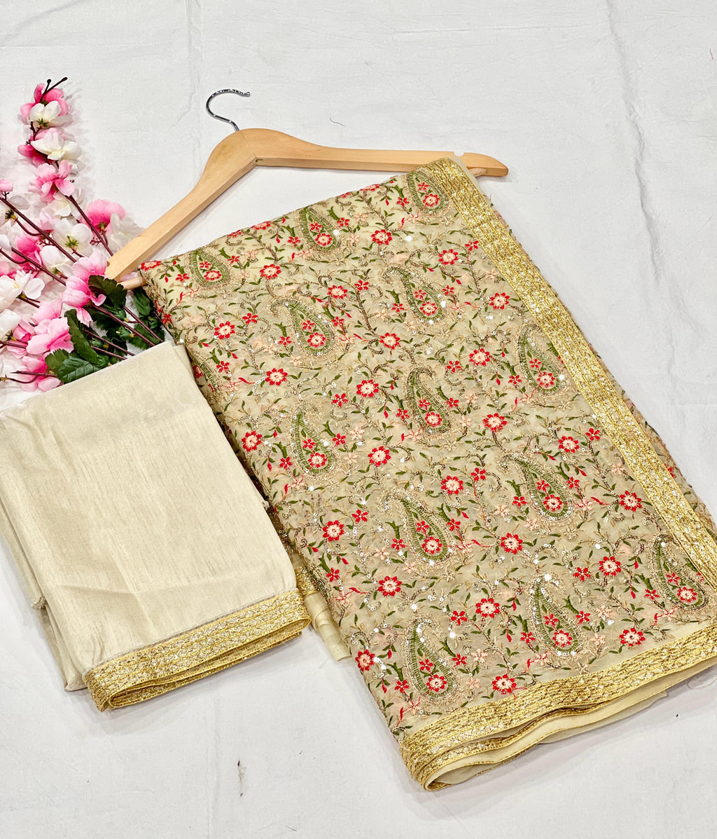 Heavy Fox Georgette With Multi + Zari Embroidery &amp; 3.MM Sequence In Pallu_Skirt Work Saree And Readymade Embroidery Lace Work