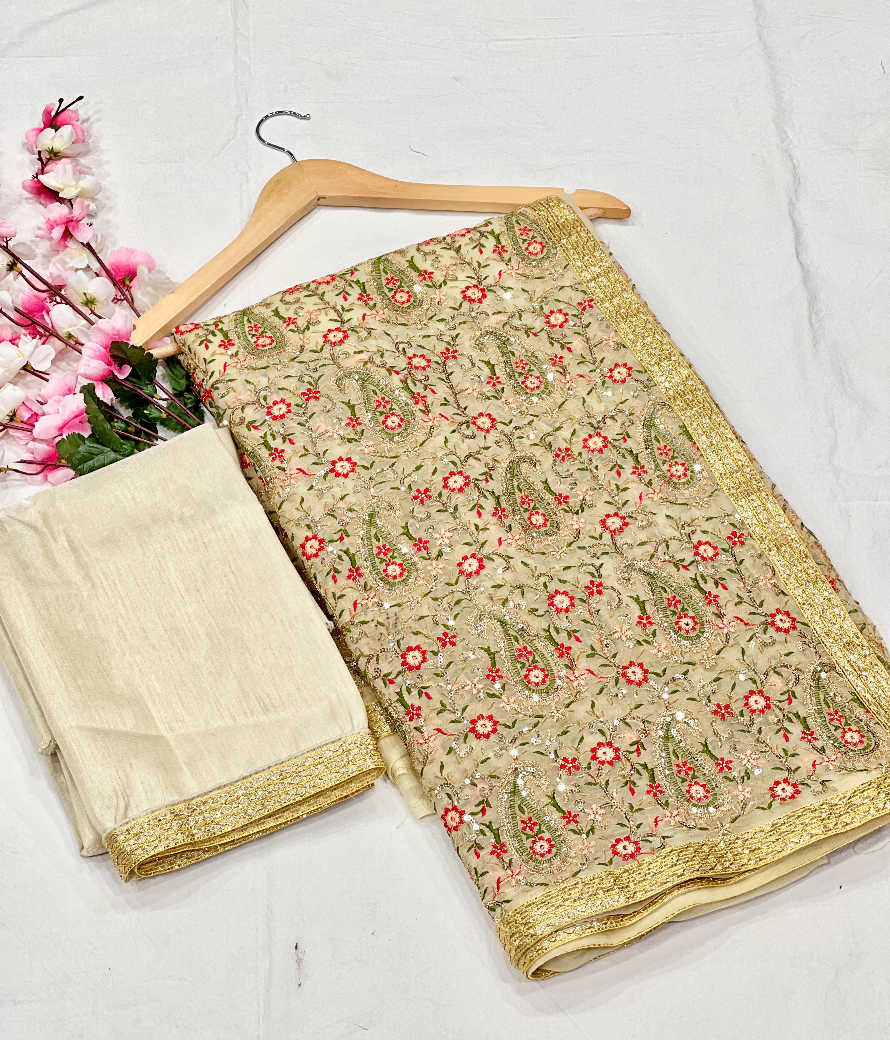 Heavy Fox Georgette With Multi + Zari Embroidery &amp; 3.MM Sequence In Pallu_Skirt Work Saree And Readymade Embroidery Lace Work