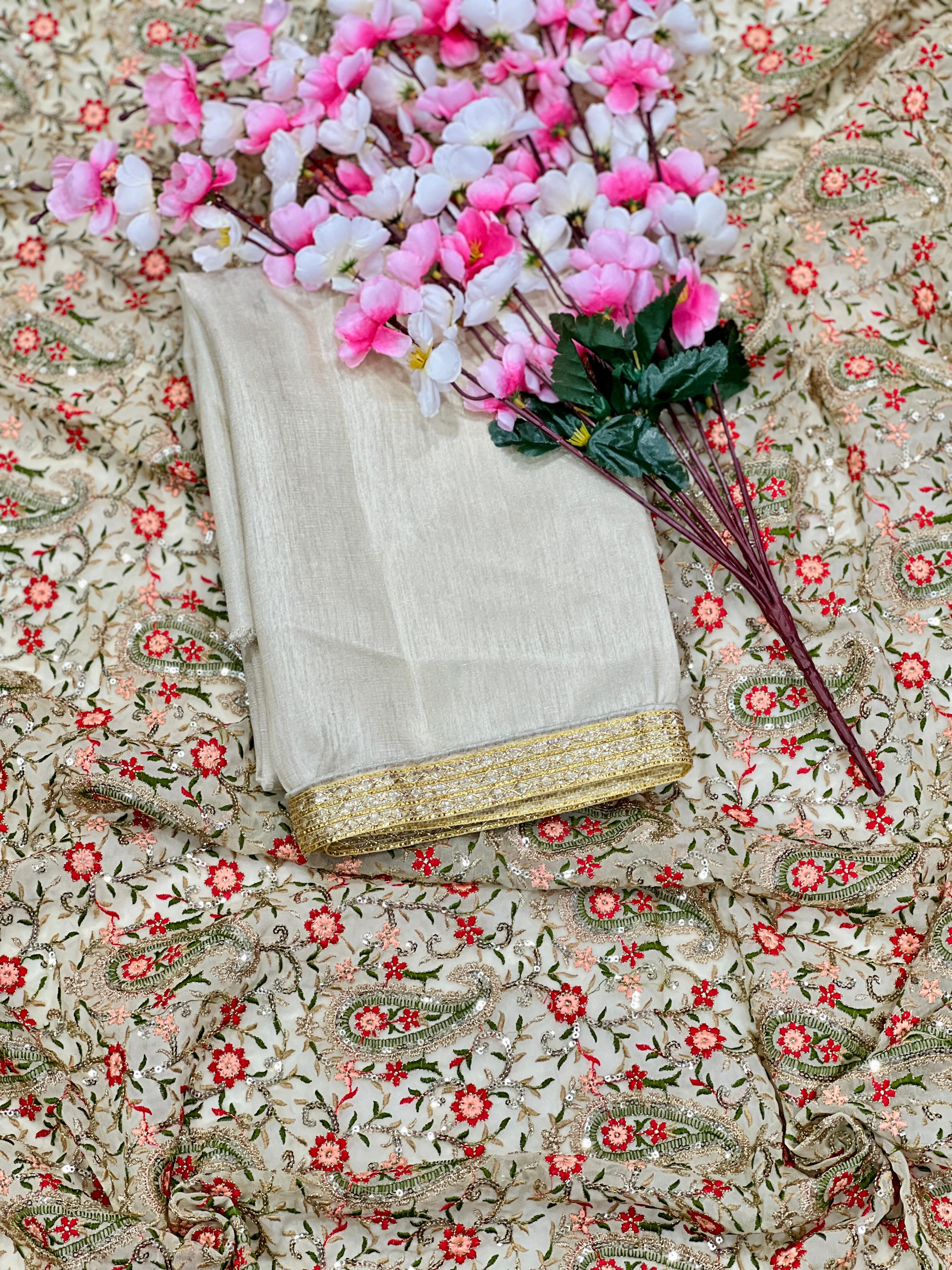 Heavy Fox Georgette With Multi + Zari Embroidery &amp; 3.MM Sequence In Pallu_Skirt Work Saree And Readymade Embroidery Lace Work