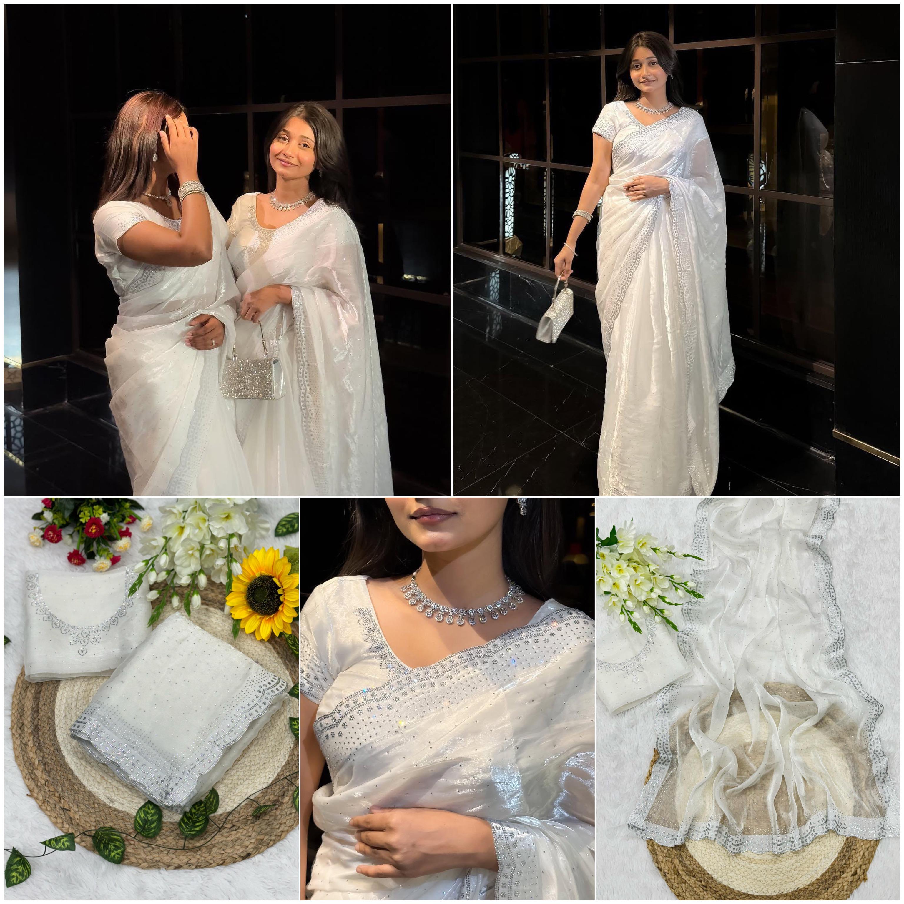 Rich And Partywear Crystal Diamond Work In Pure Soft Burburry Silk