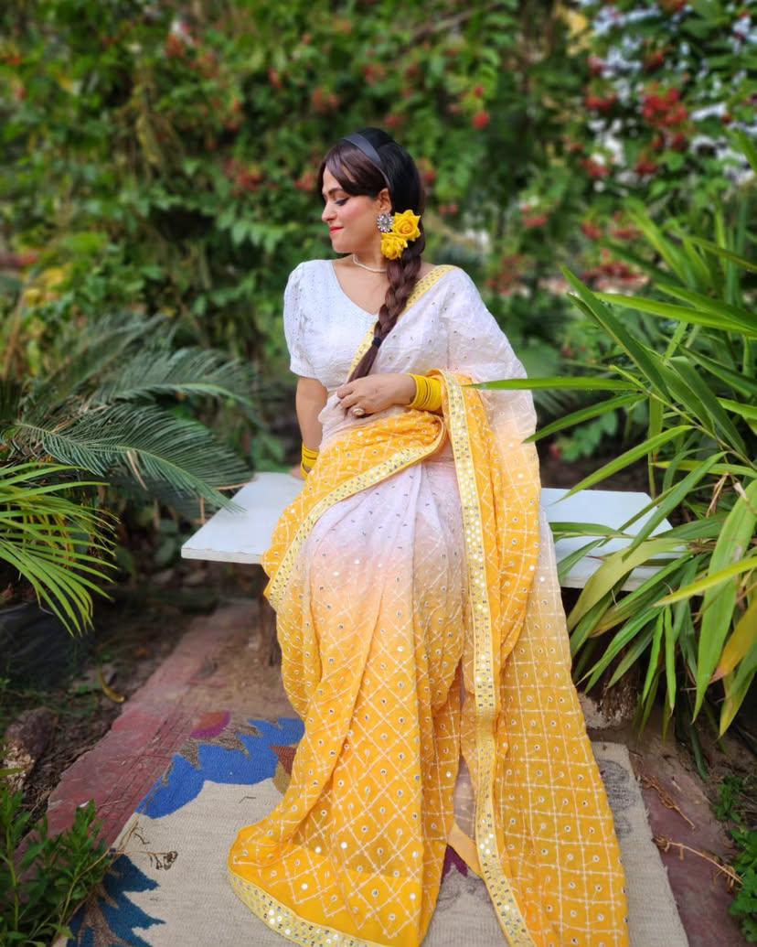 Heavy Fox Georgette With Pedding Print And 7.MM Sequence + Multi🔖 Work In Allover Saree