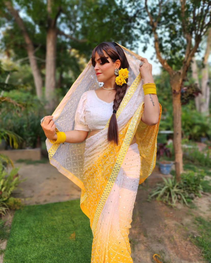 Heavy Fox Georgette With Pedding Print And 7.MM Sequence + Multi🔖 Work In Allover Saree