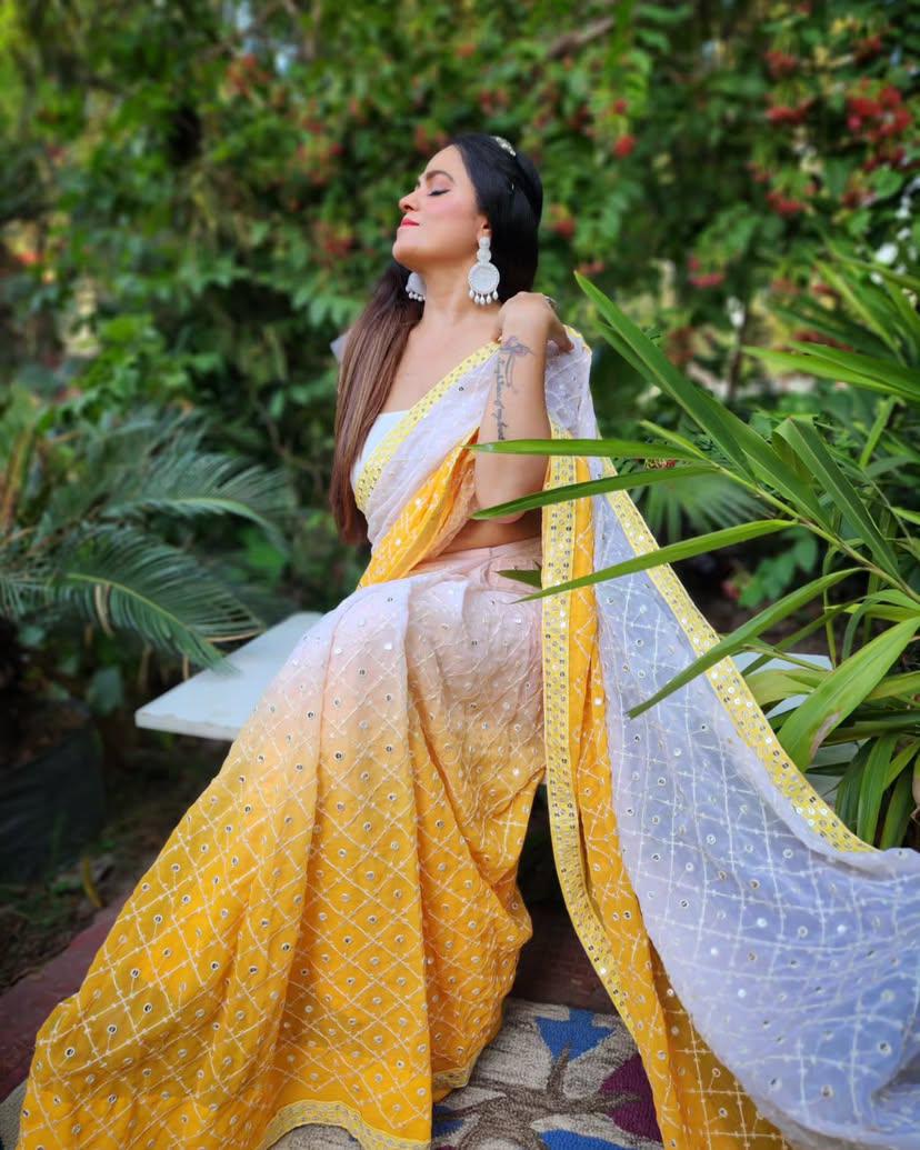 Heavy Fox Georgette With Pedding Print And 7.MM Sequence + Multi🔖 Work In Allover Saree