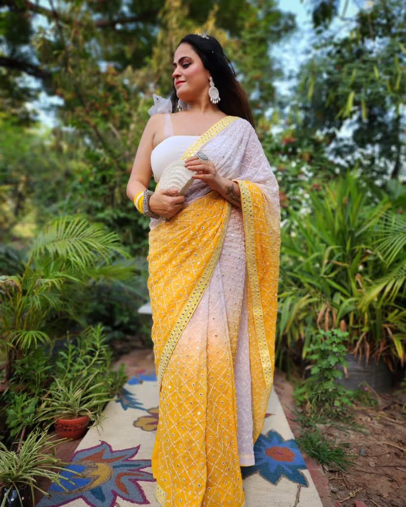 Heavy Fox Georgette With Pedding Print And 7.MM Sequence + Multi🔖 Work In Allover Saree