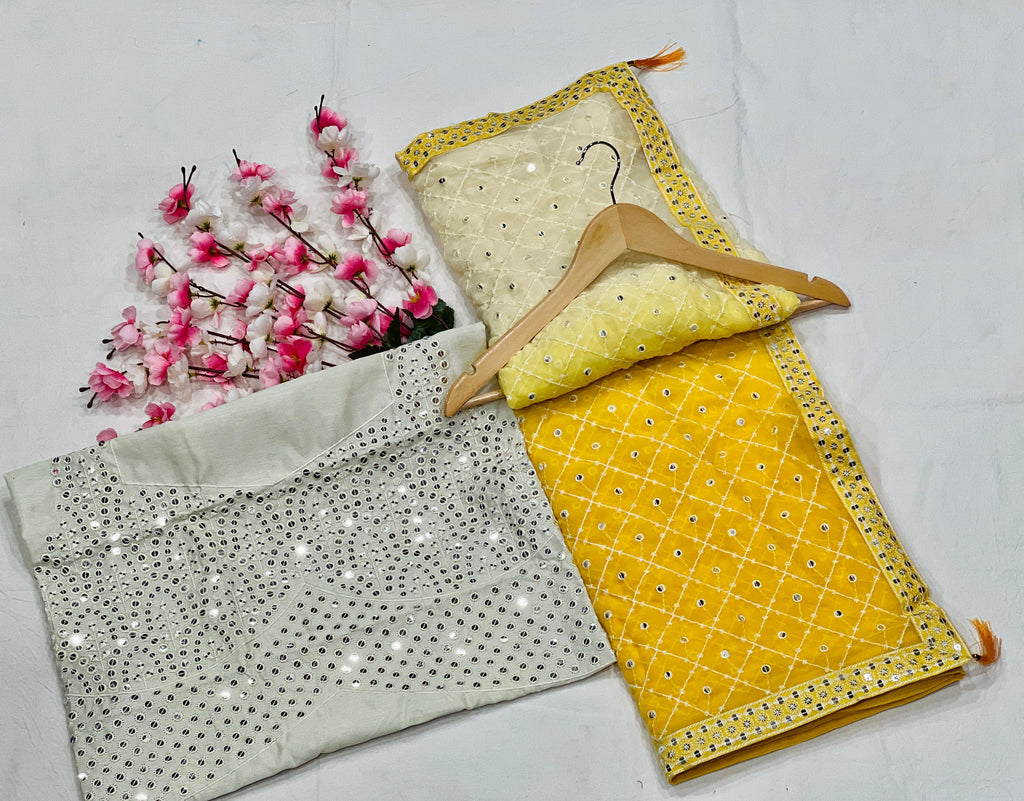 Heavy Fox Georgette With Pedding Print And 7.MM Sequence + Multi🔖 Work In Allover Saree