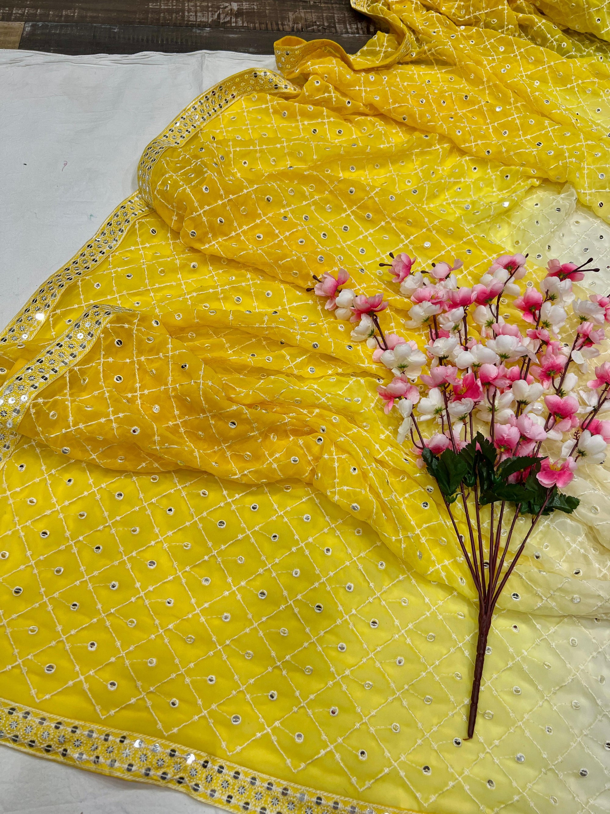 Heavy Fox Georgette With Pedding Print And 7.MM Sequence + Multi🔖 Work In Allover Saree