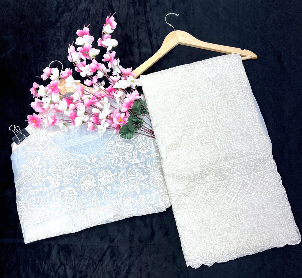 Khadi Organza With Beautiful Multi Embroidery C Pallu Cutwork
