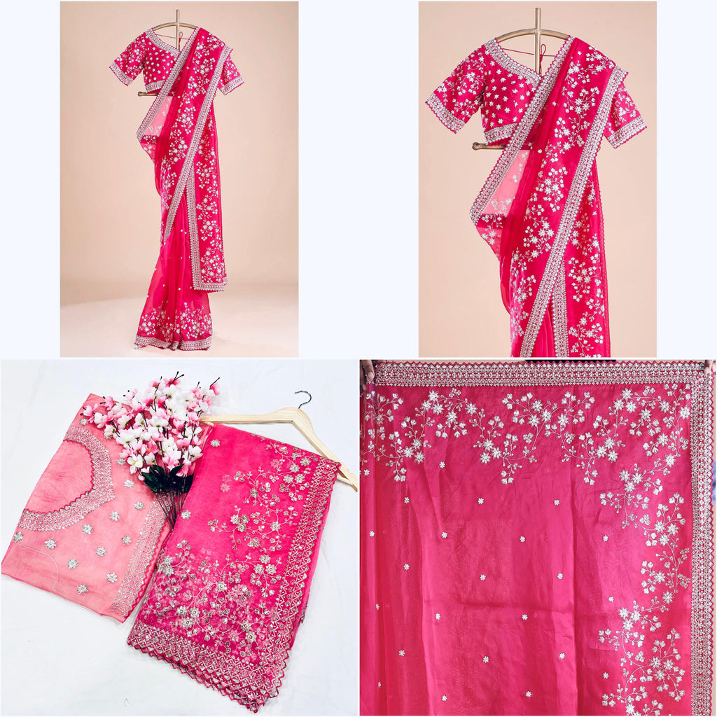 Heavy Khadi Organza With Beautiful C_Pallu Embroidery Zari+Sequence And Cutwork Border