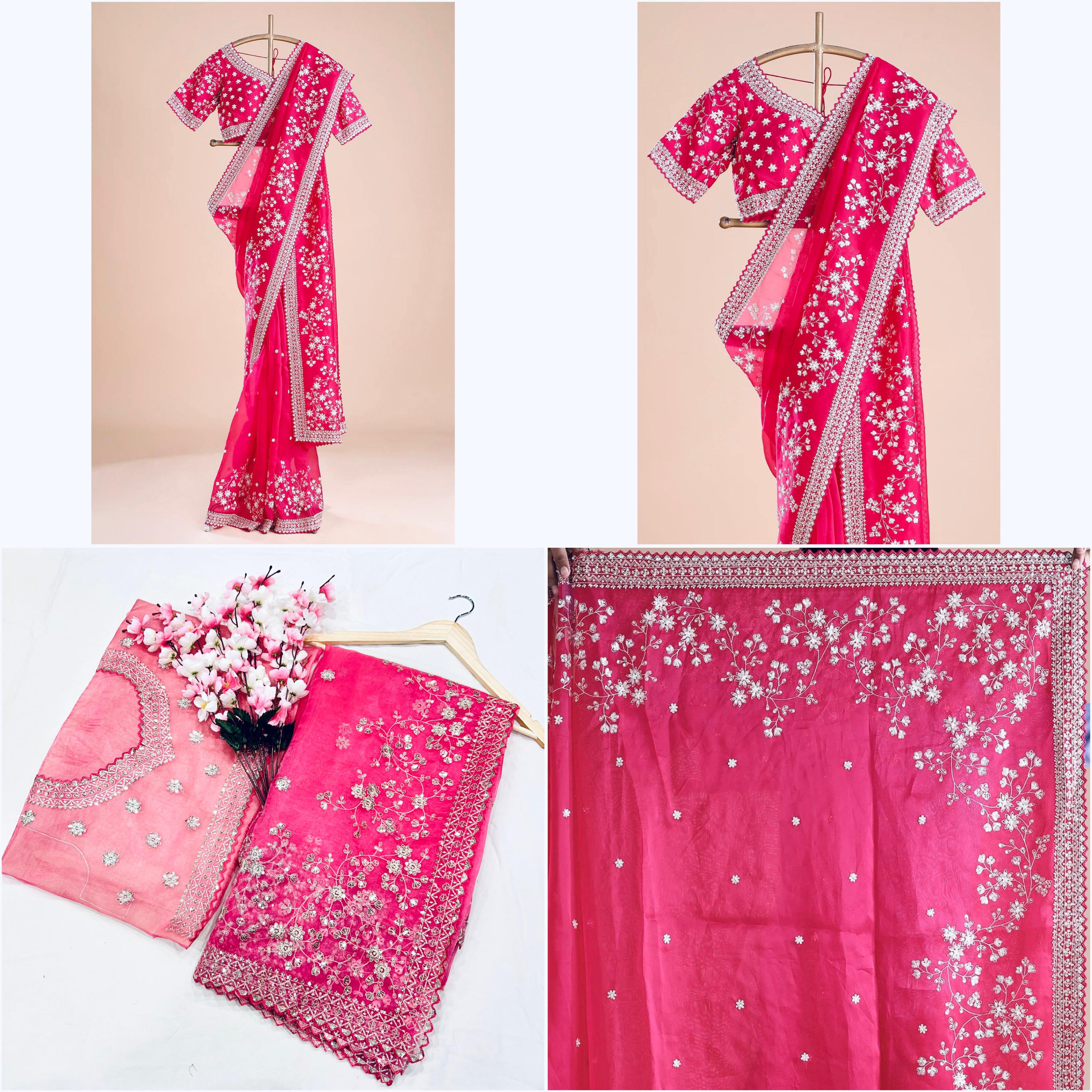 Heavy Khadi Organza With Beautiful C_Pallu Embroidery Zari+Sequence And Cutwork Border