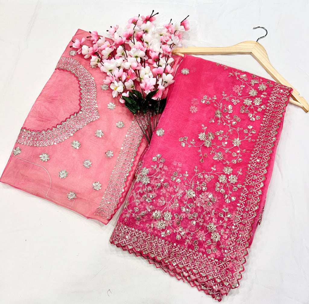 Heavy Khadi Organza With Beautiful C_Pallu Embroidery Zari+Sequence And Cutwork Border