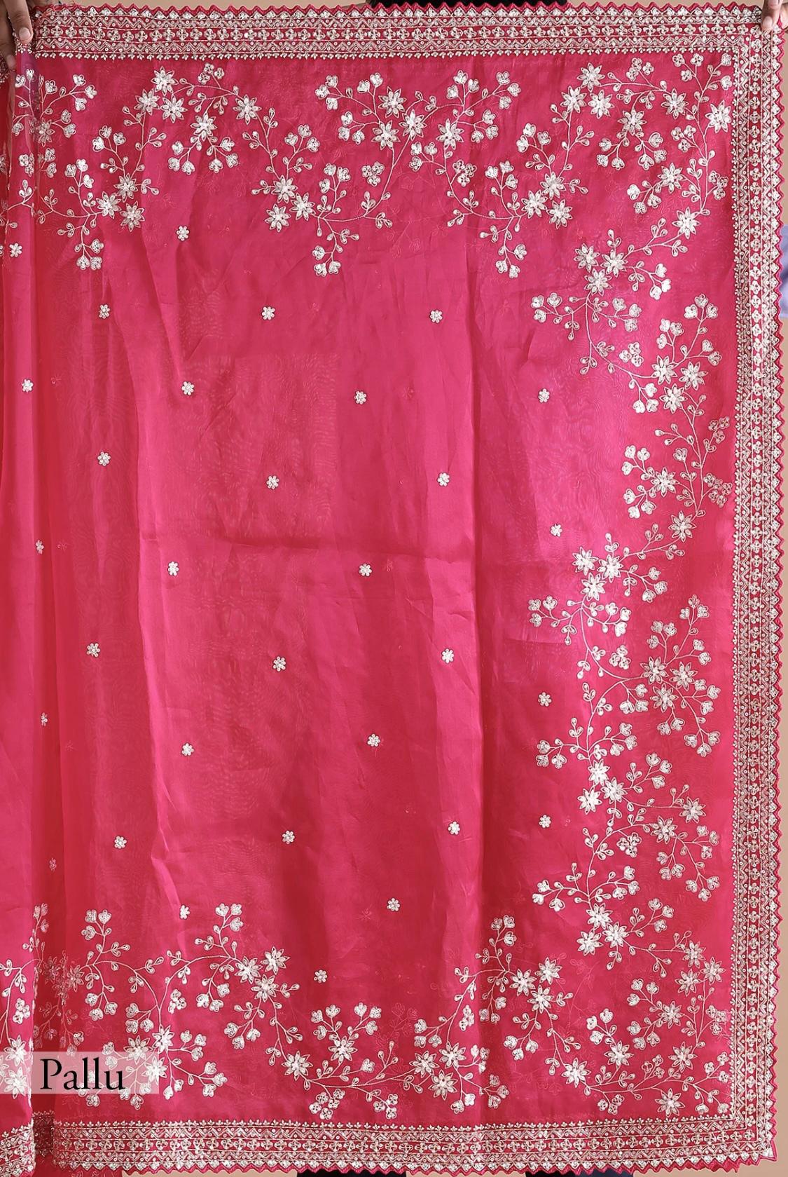 Heavy Khadi Organza With Beautiful C_Pallu Embroidery Zari+Sequence And Cutwork Border