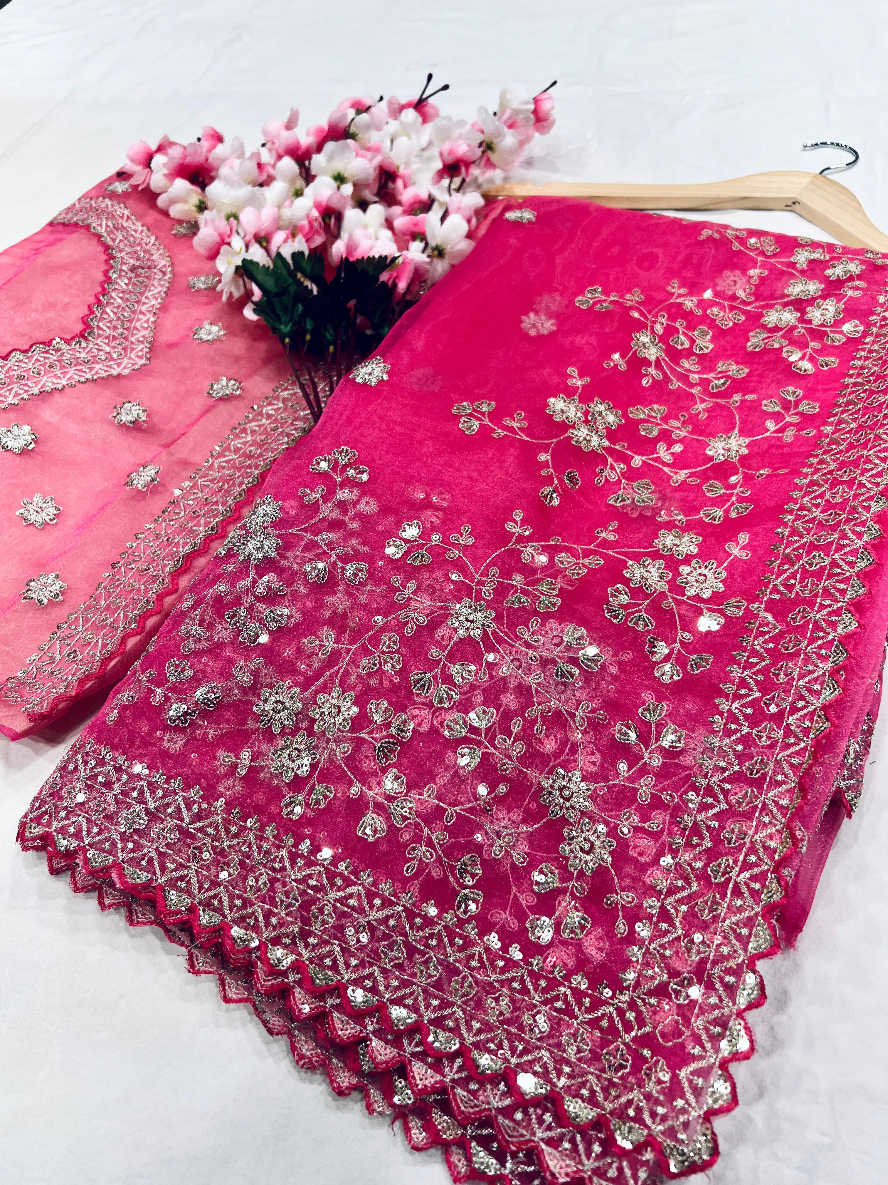 Heavy Khadi Organza With Beautiful C_Pallu Embroidery Zari+Sequence And Cutwork Border