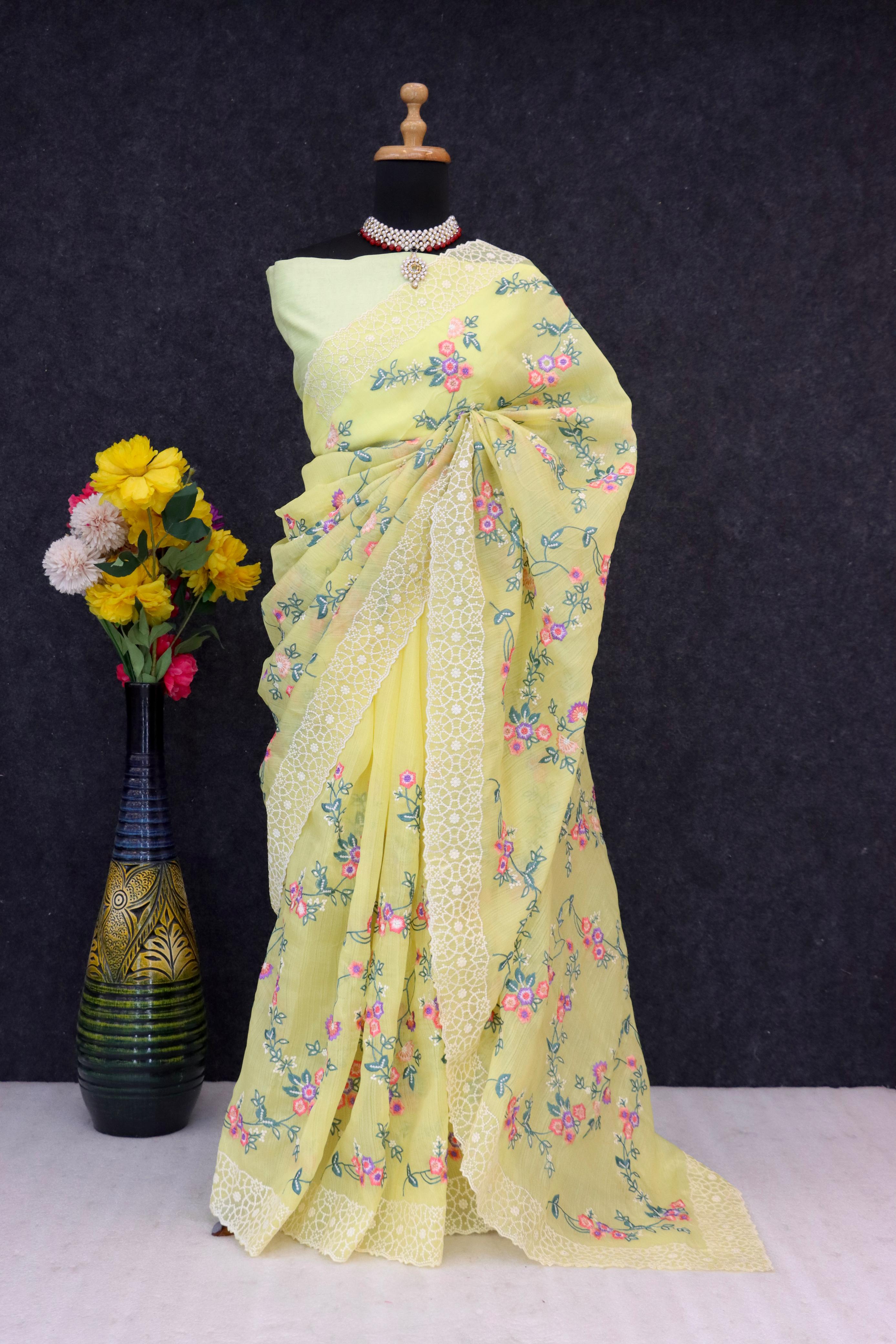 Khadi Organza With Beautiful Multi Embroidery C-Pallu Cutwork