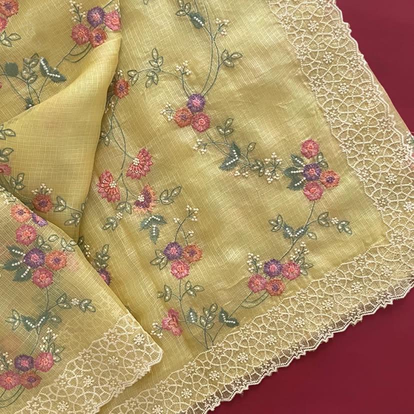 Khadi Organza With Beautiful Multi Embroidery C-Pallu Cutwork