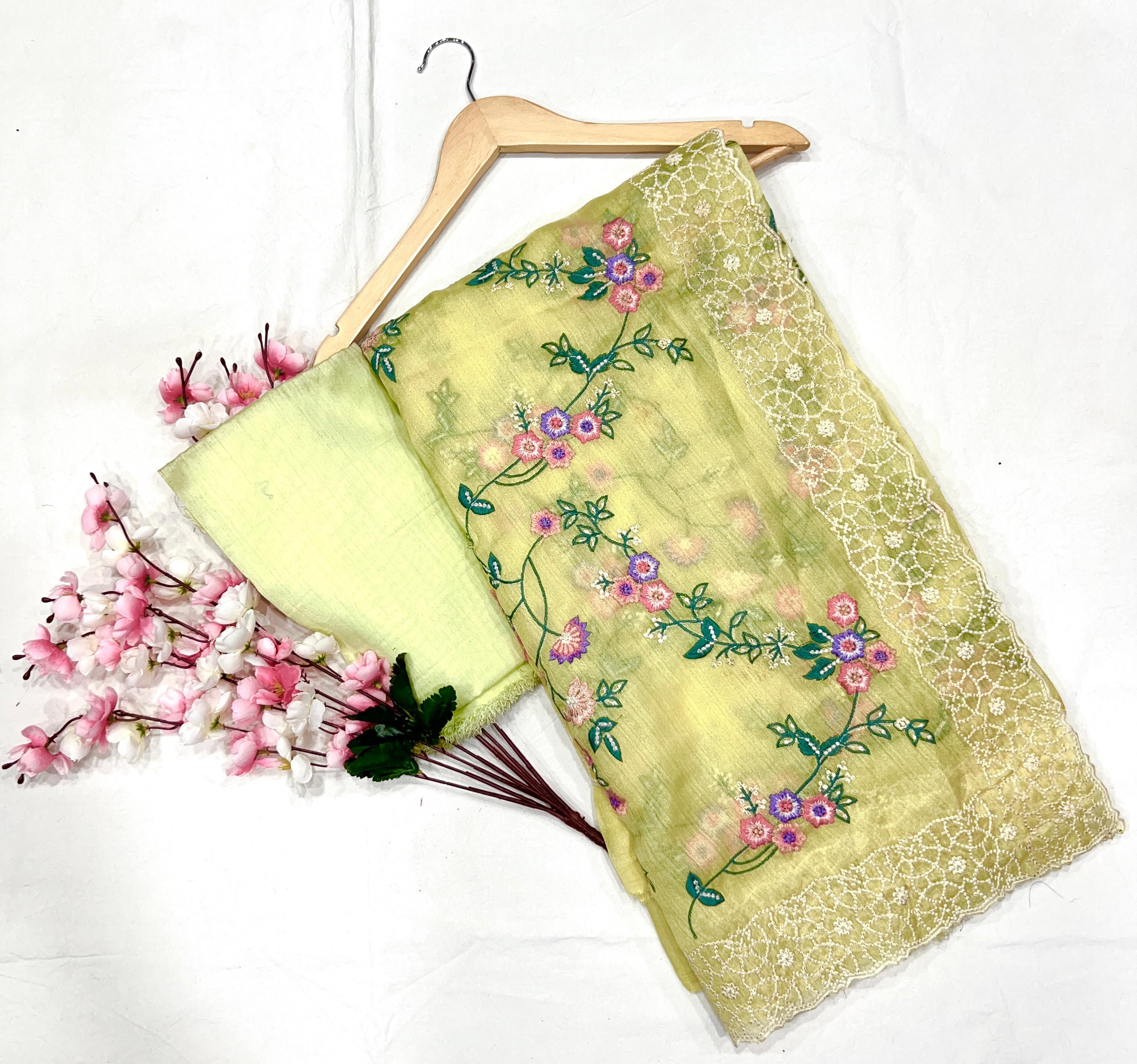 Khadi Organza With Beautiful Multi Embroidery C-Pallu Cutwork