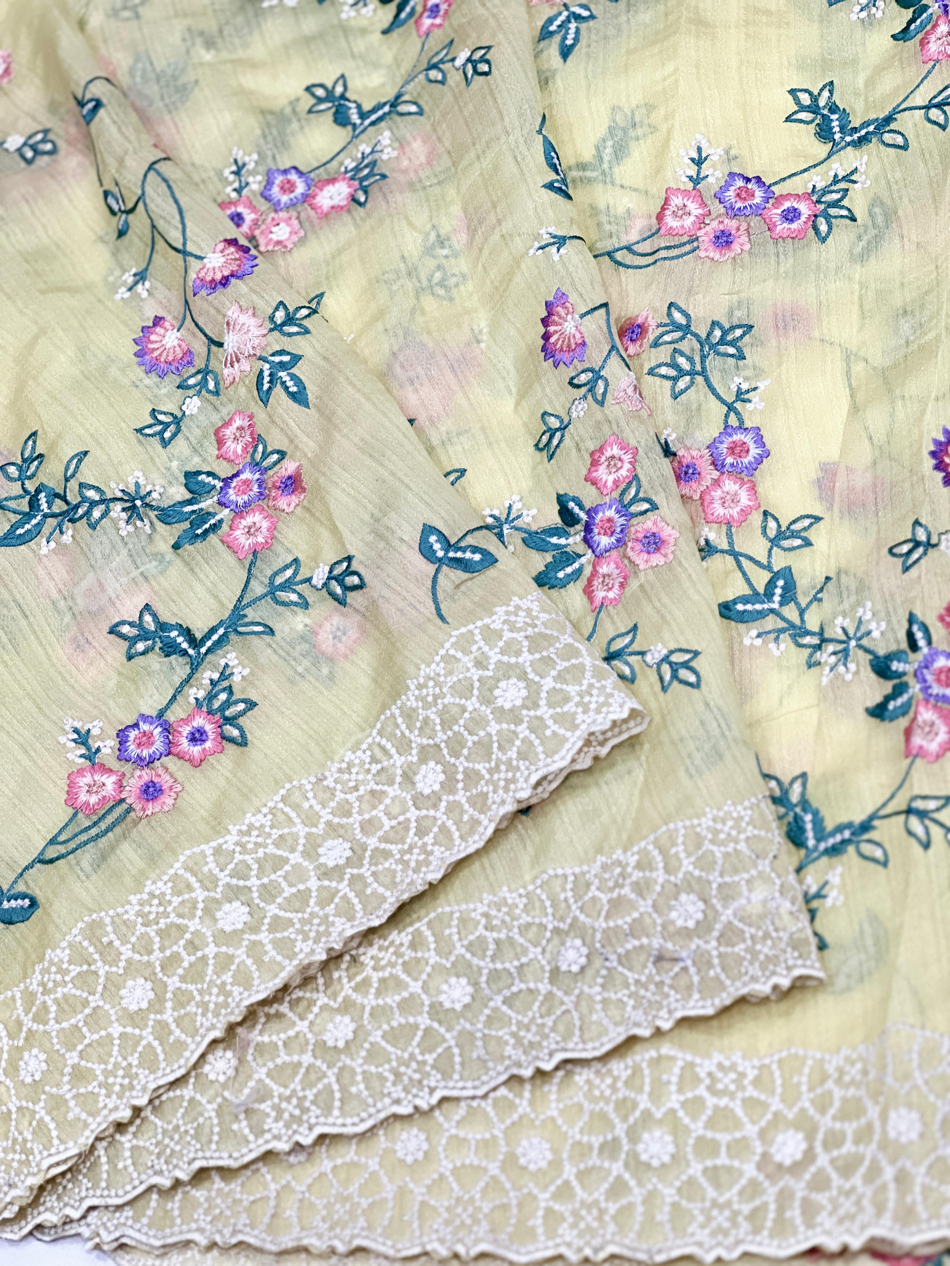 Khadi Organza With Beautiful Multi Embroidery C-Pallu Cutwork
