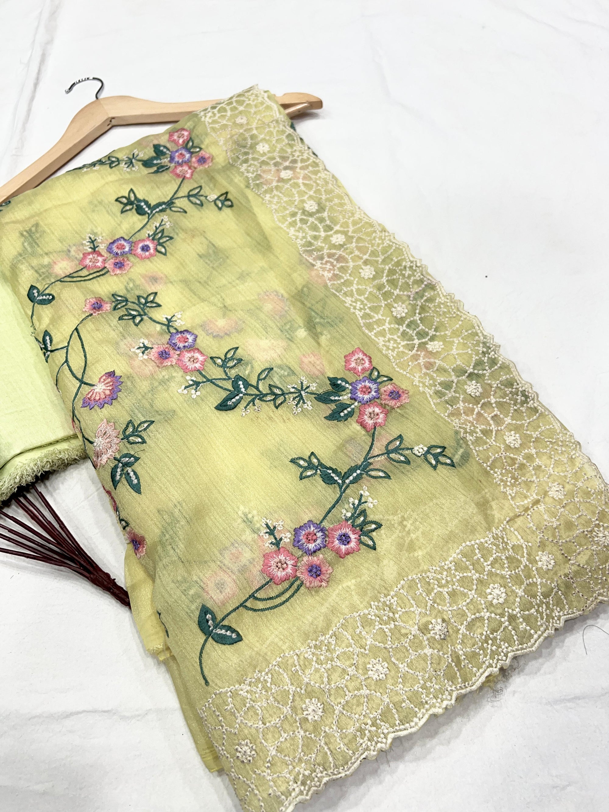 Khadi Organza With Beautiful Multi Embroidery C-Pallu Cutwork