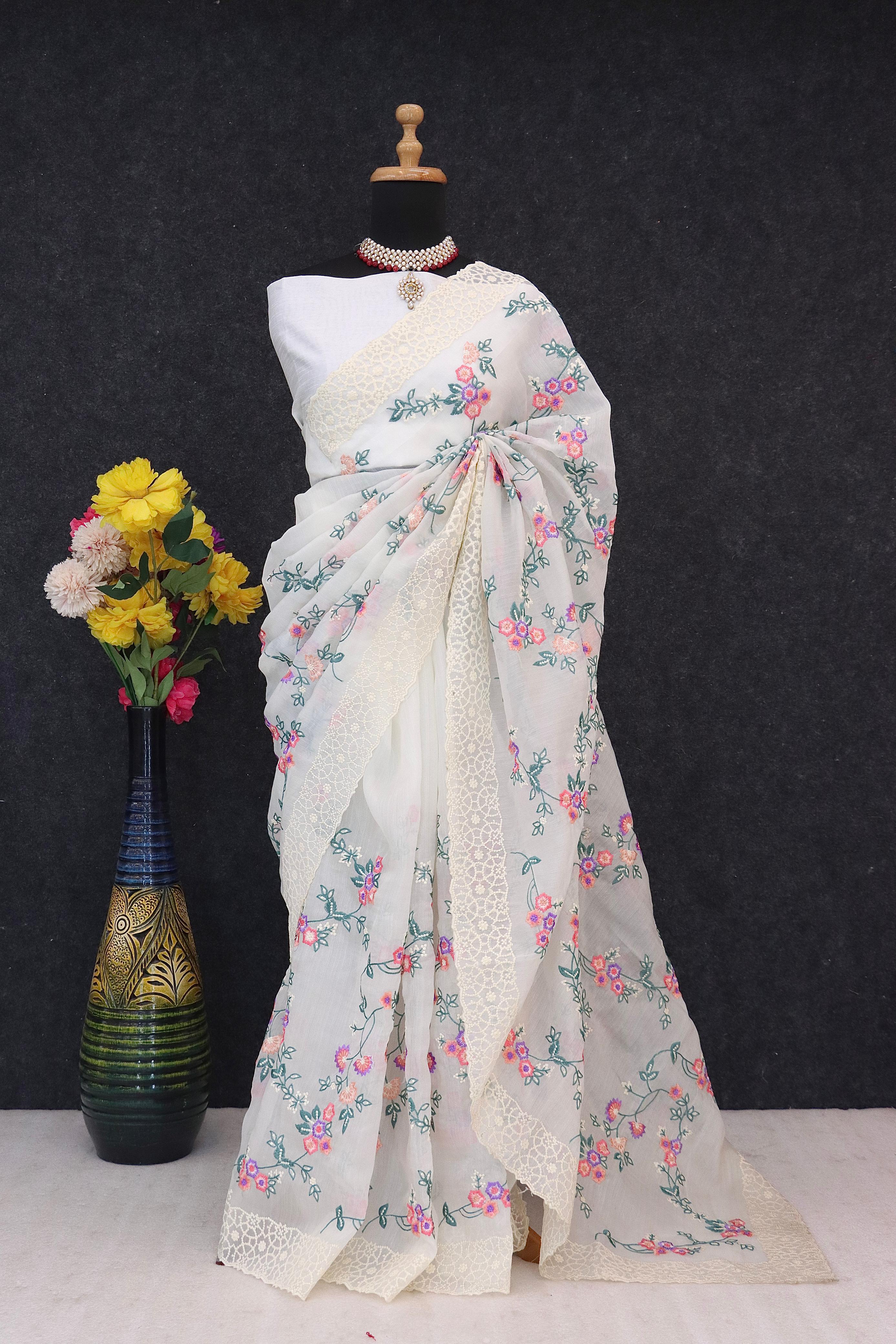 Khadi Organza With Beautiful Multi Embroidery C-Pallu Cutwork