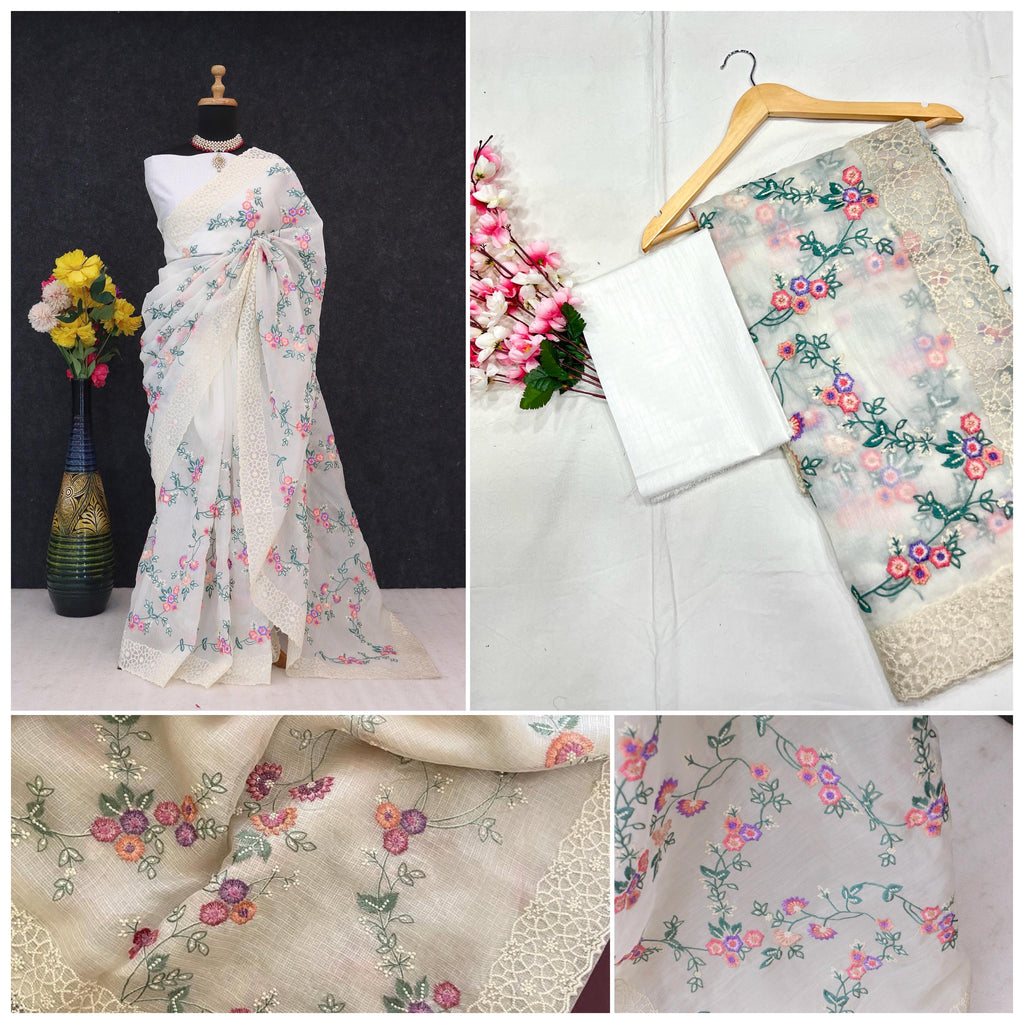 Khadi Organza With Beautiful Multi Embroidery C-Pallu Cutwork