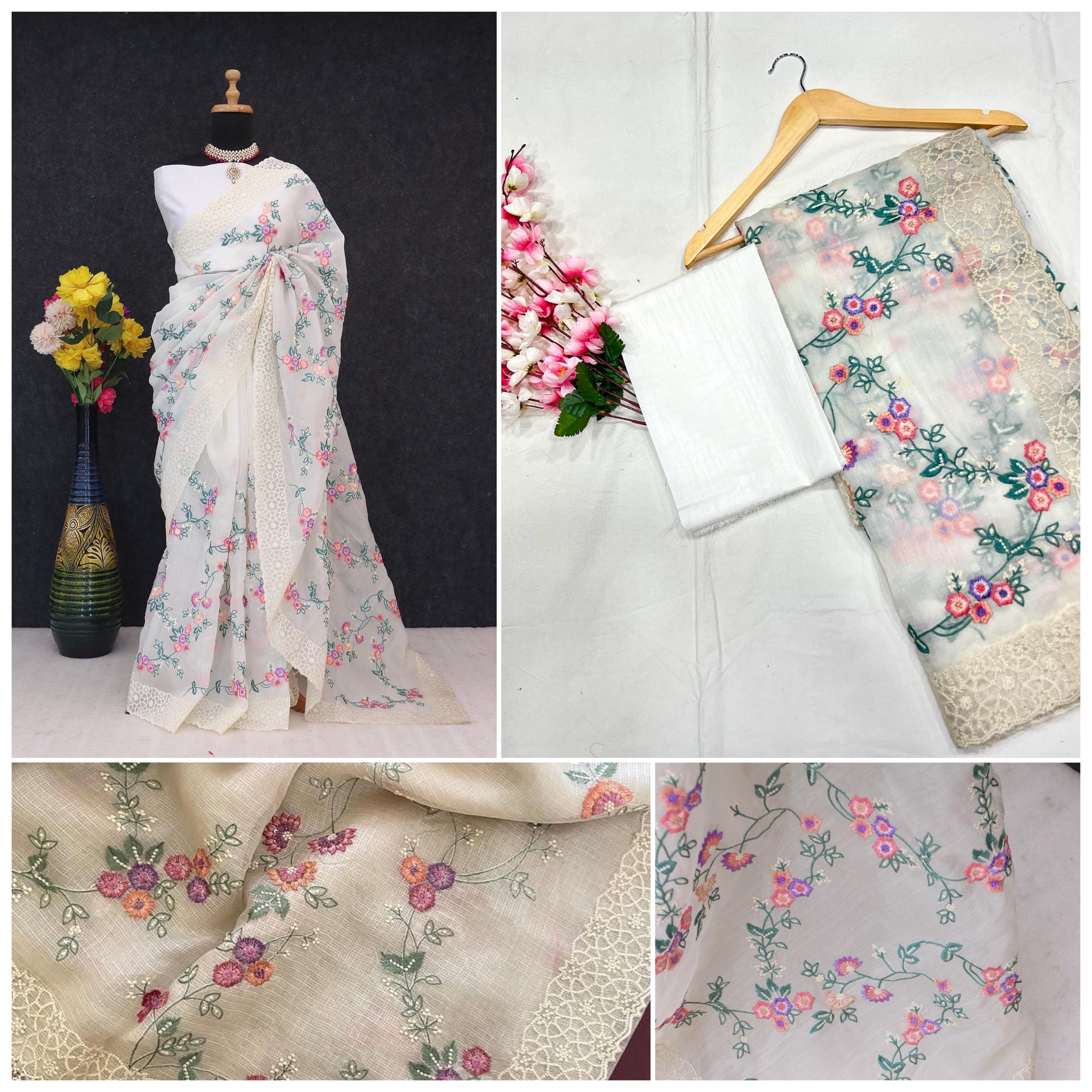 Khadi Organza With Beautiful Multi Embroidery C-Pallu Cutwork