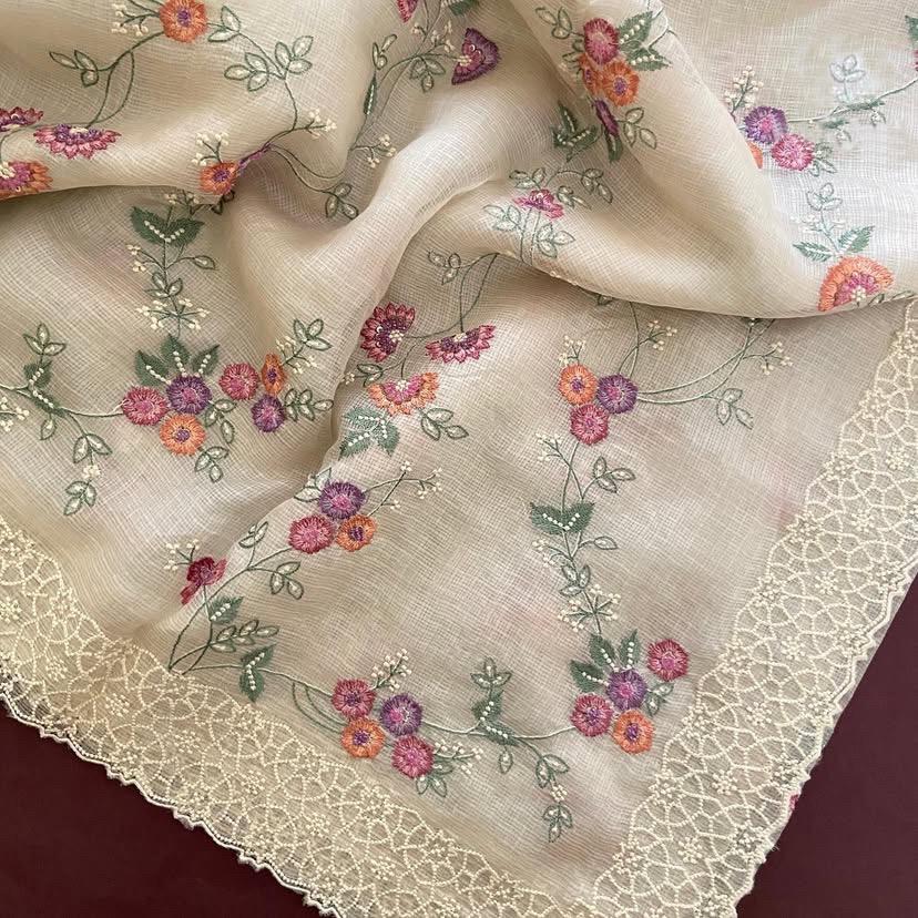 Khadi Organza With Beautiful Multi Embroidery C-Pallu Cutwork