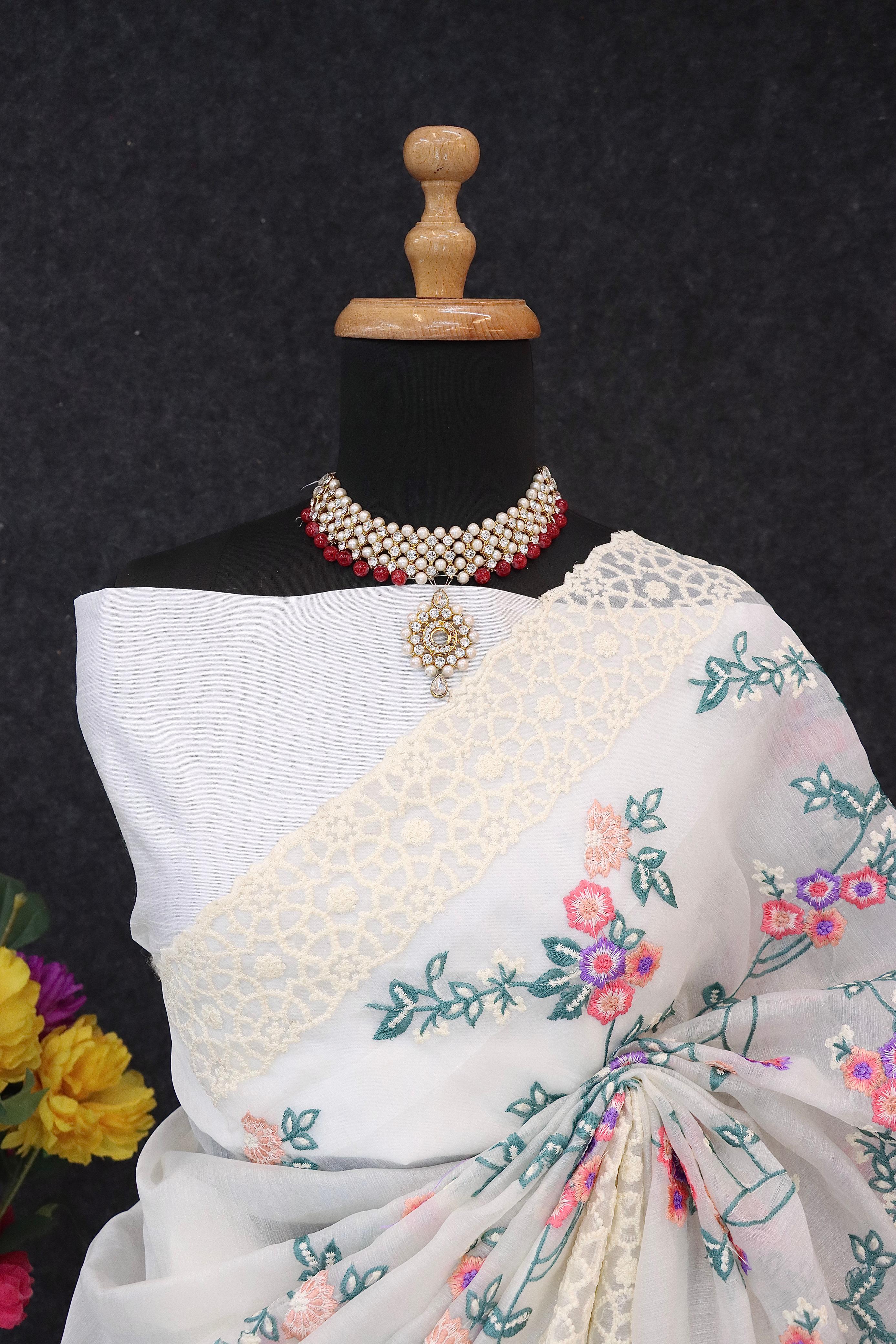 Khadi Organza With Beautiful Multi Embroidery C-Pallu Cutwork