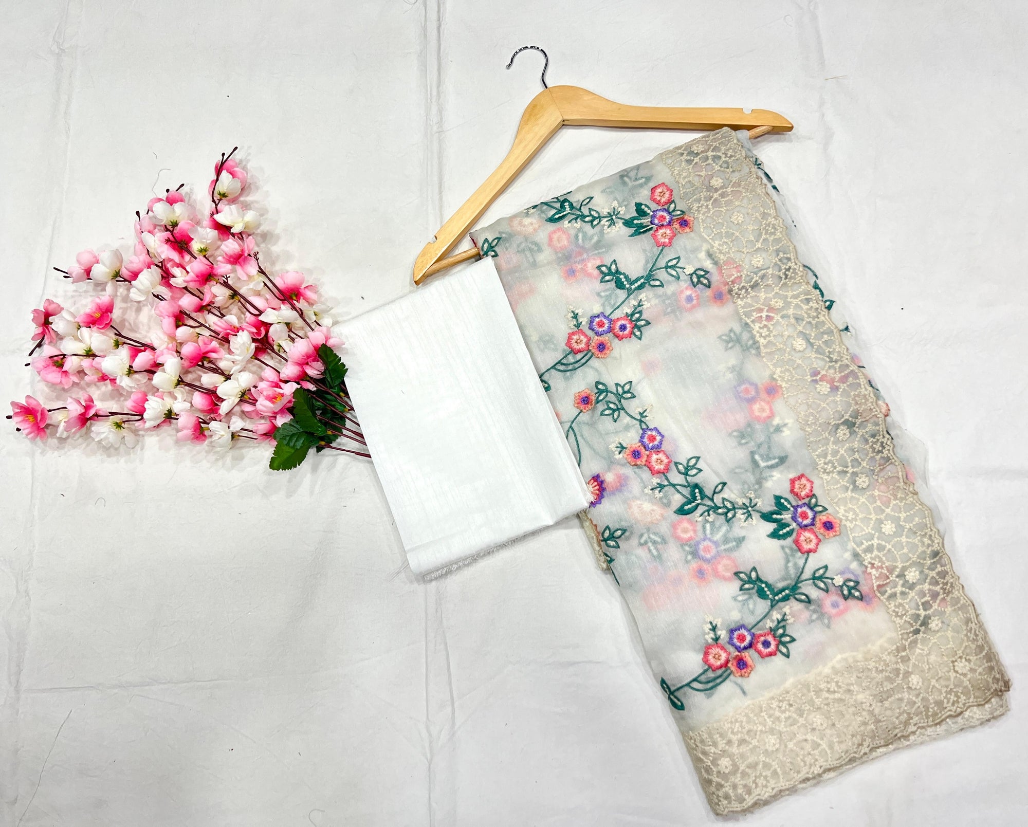 Khadi Organza With Beautiful Multi Embroidery C-Pallu Cutwork