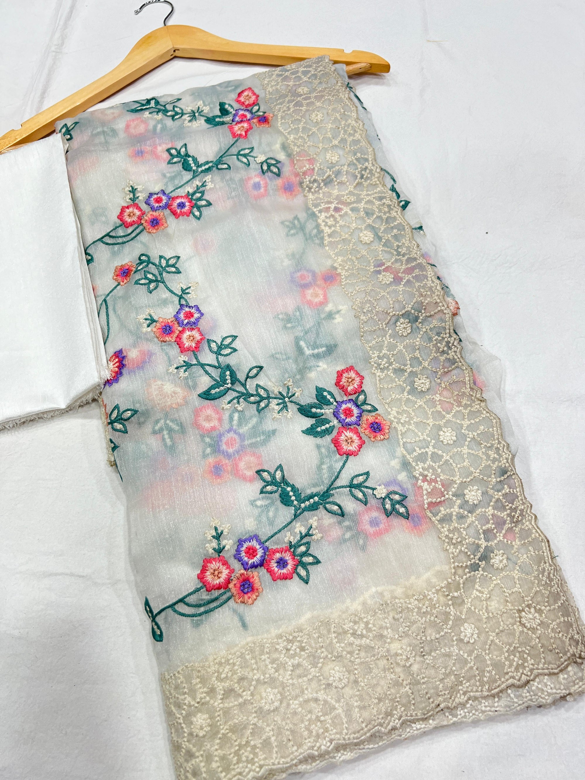 Khadi Organza With Beautiful Multi Embroidery C-Pallu Cutwork