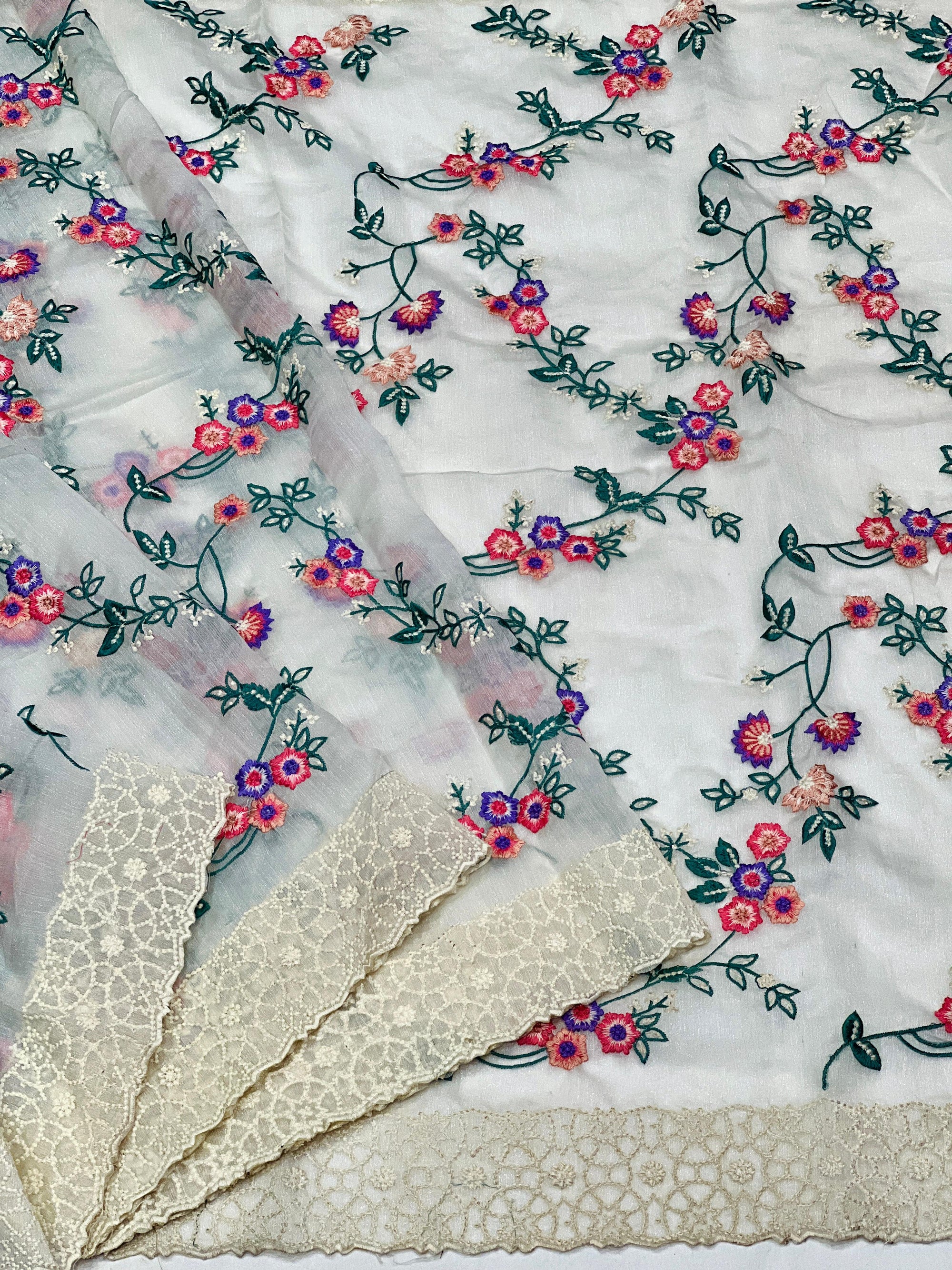 Khadi Organza With Beautiful Multi Embroidery C-Pallu Cutwork
