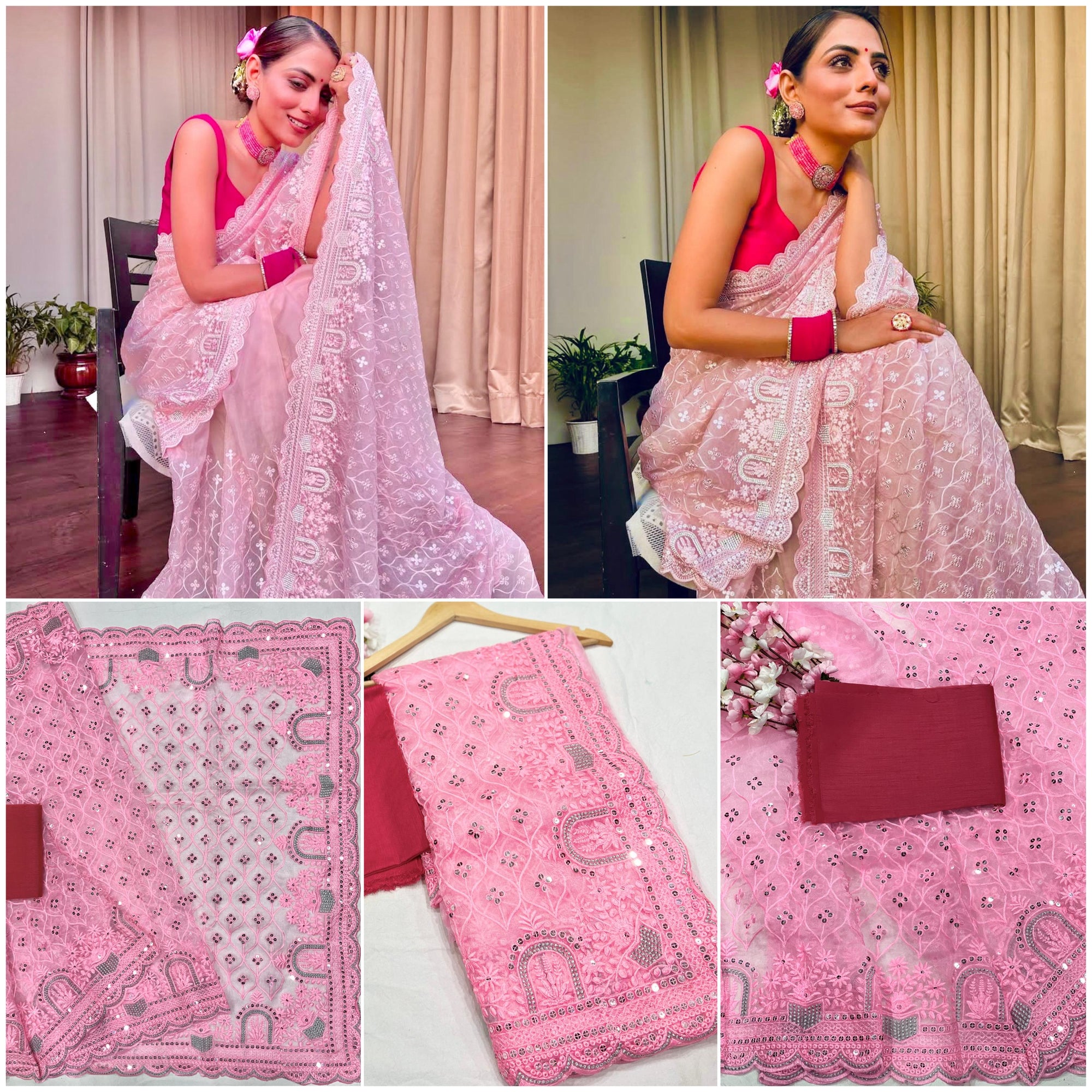 Khadi Organza With Beautiful Multi + 7 M.M Sequence Embroidery Work And C Pallu Cutwork