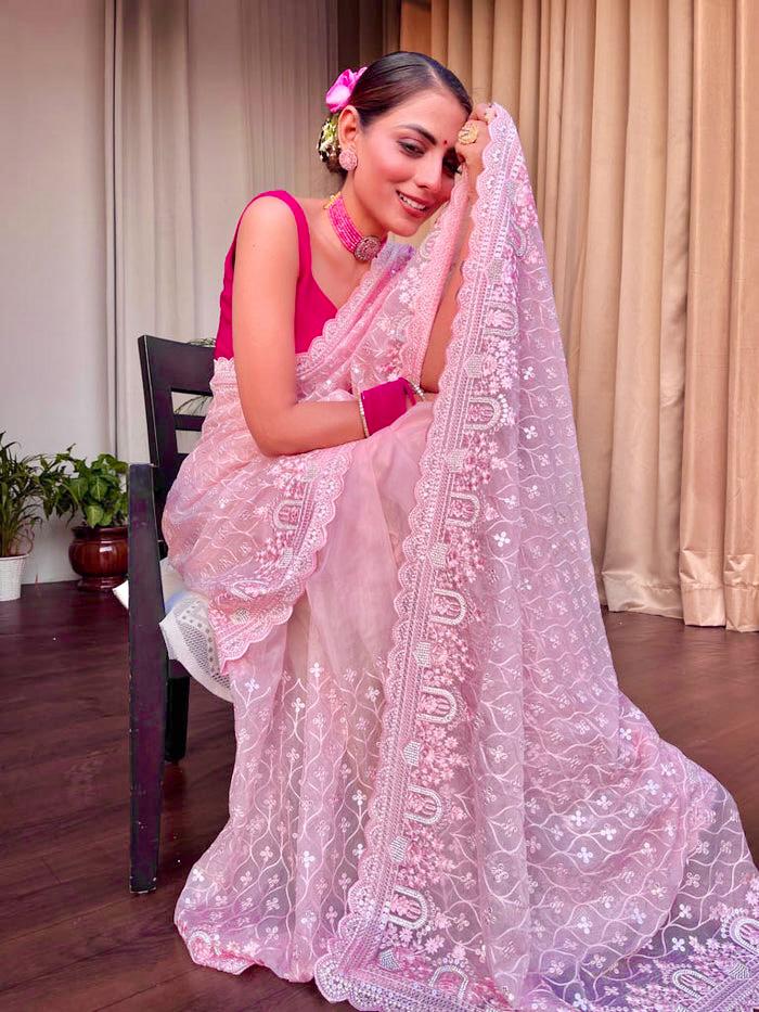 Khadi Organza With Beautiful Multi + 7 M.M Sequence Embroidery Work And C Pallu Cutwork
