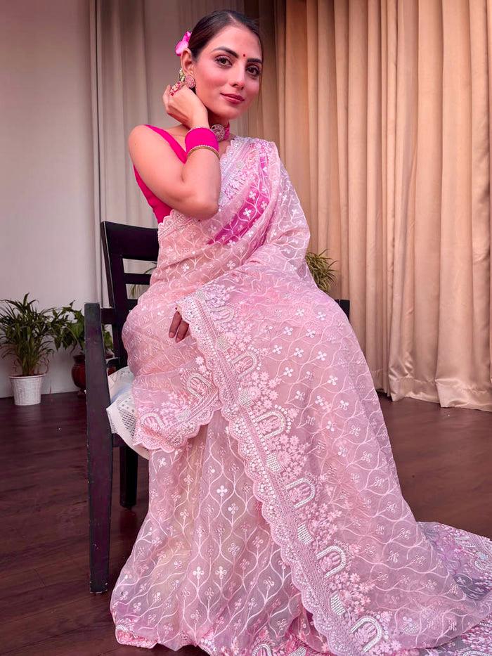 Khadi Organza With Beautiful Multi + 7 M.M Sequence Embroidery Work And C Pallu Cutwork