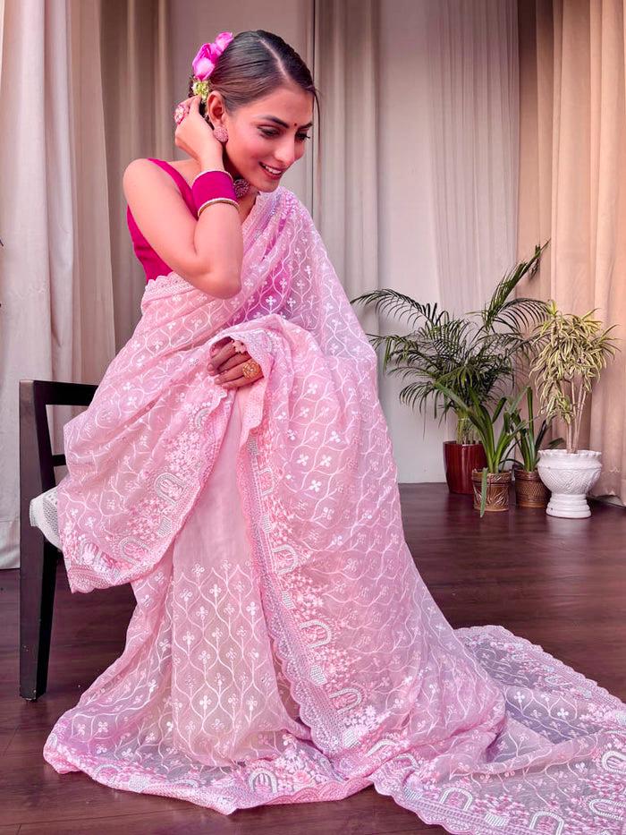 Khadi Organza With Beautiful Multi + 7 M.M Sequence Embroidery Work And C Pallu Cutwork
