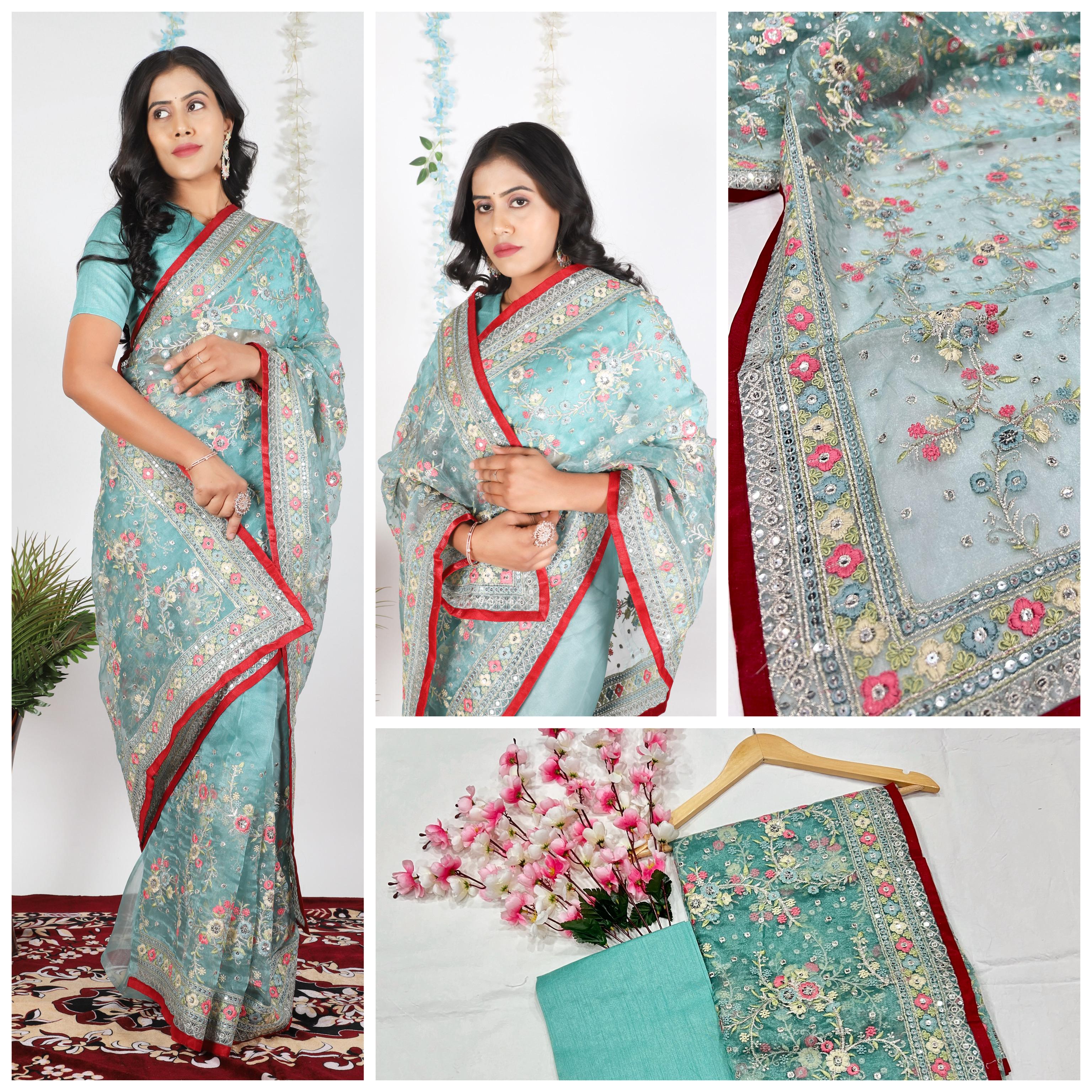 Tissue Organza With Beautiful Zari + Multi + 5 M.M Sequence Embroidery C Pallu Work
