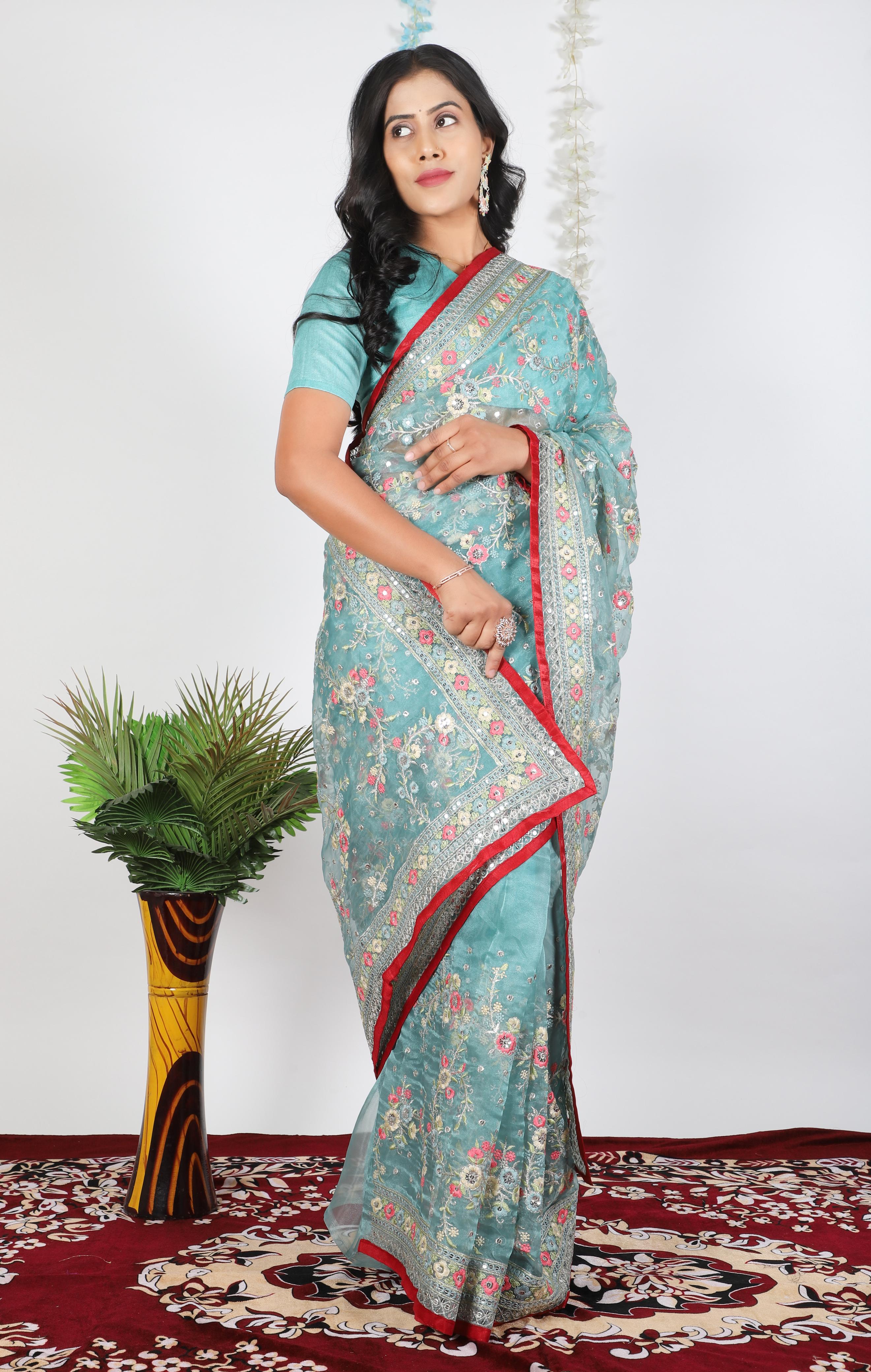 Tissue Organza With Beautiful Zari + Multi + 5 M.M Sequence Embroidery C Pallu Work