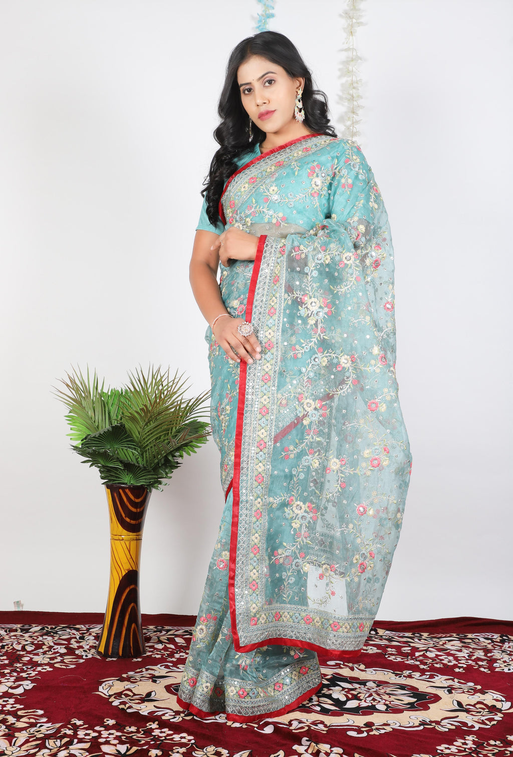 Tissue Organza With Beautiful Zari + Multi + 5 M.M Sequence Embroidery C Pallu Work