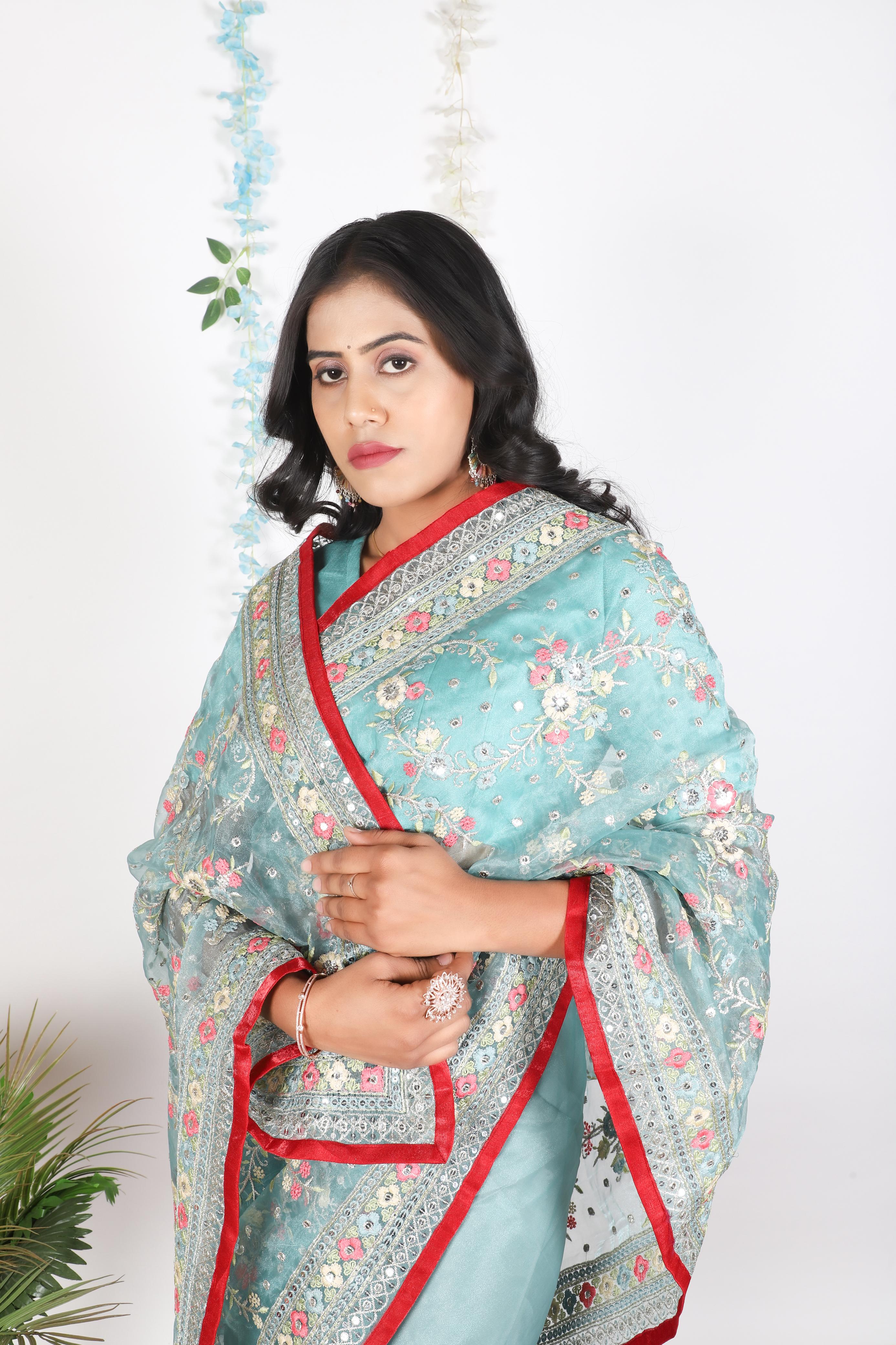 Tissue Organza With Beautiful Zari + Multi + 5 M.M Sequence Embroidery C Pallu Work