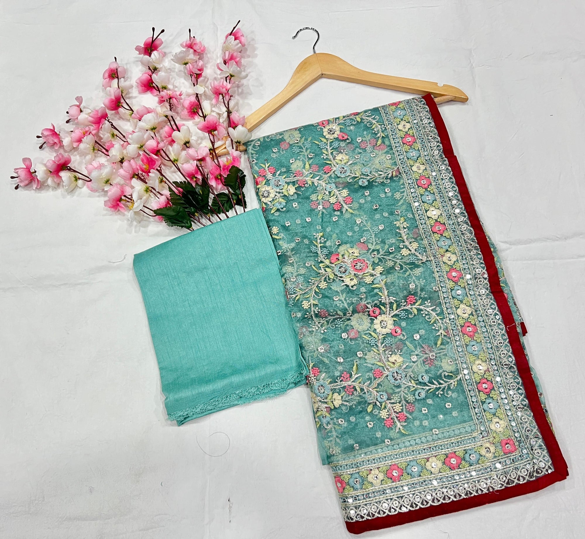 Tissue Organza With Beautiful Zari + Multi + 5 M.M Sequence Embroidery C Pallu Work
