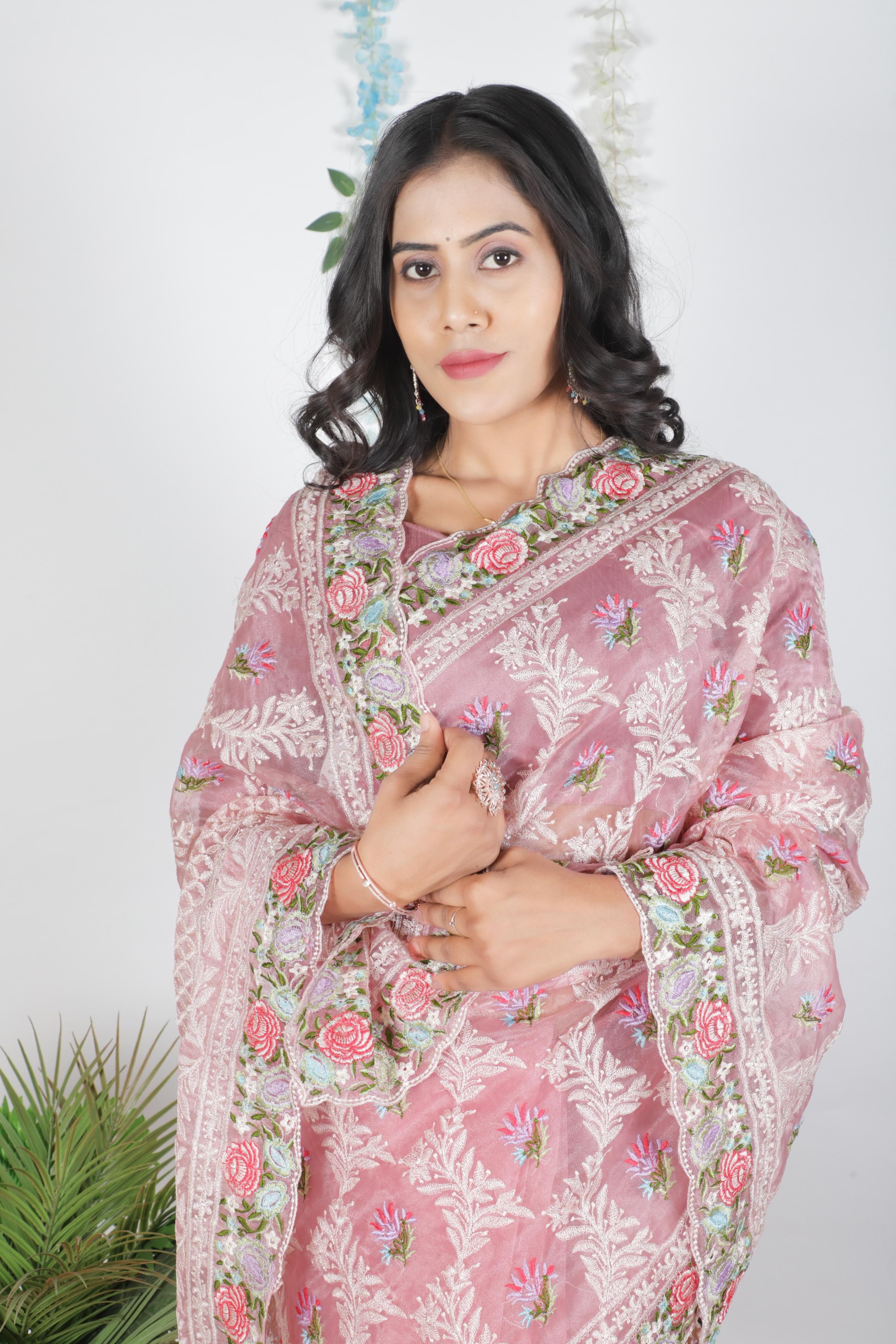 Tissue Organza With Beautiful Multi Embroidery C Pallu Work
