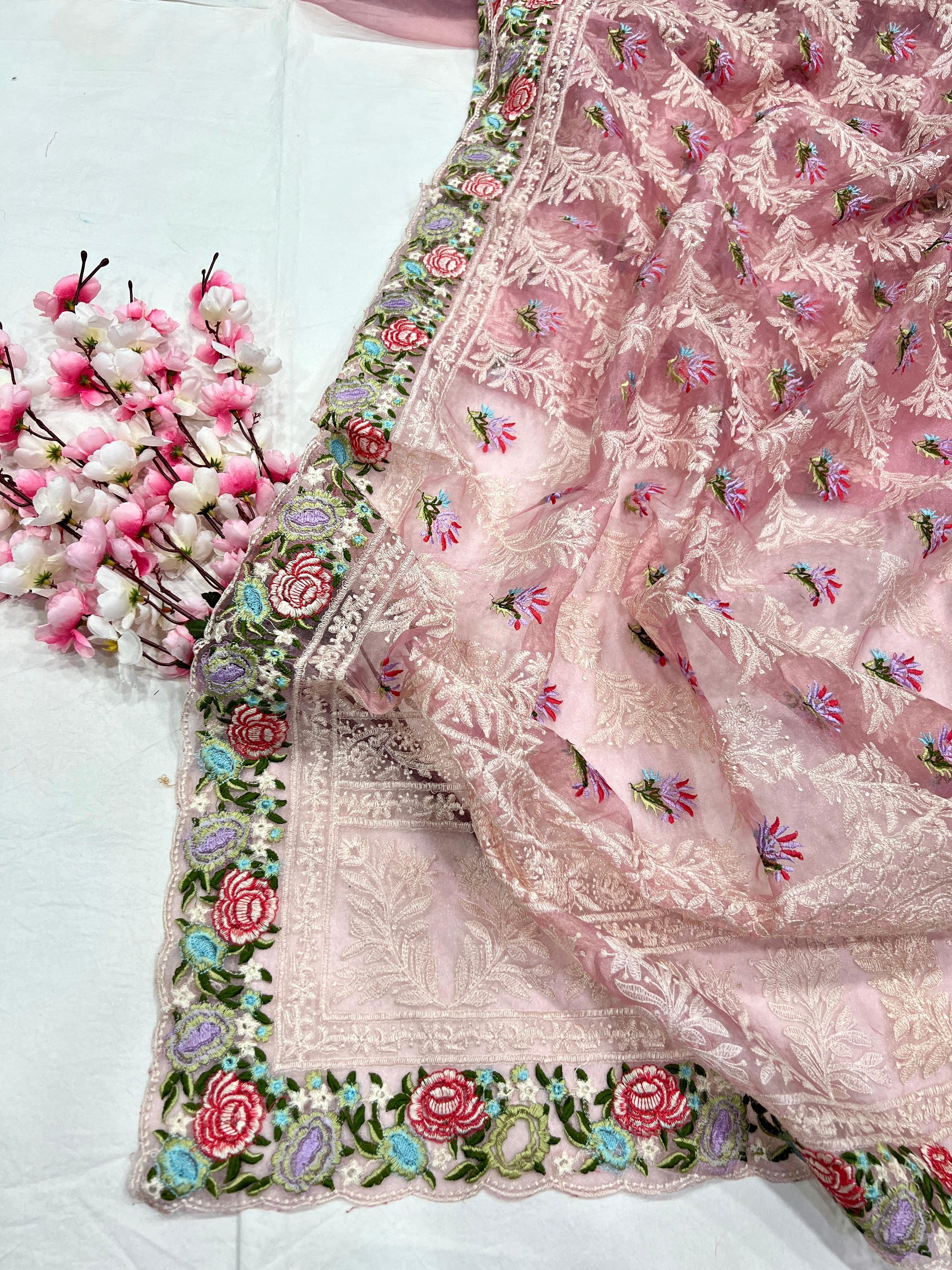 Tissue Organza With Beautiful Multi Embroidery C Pallu Work