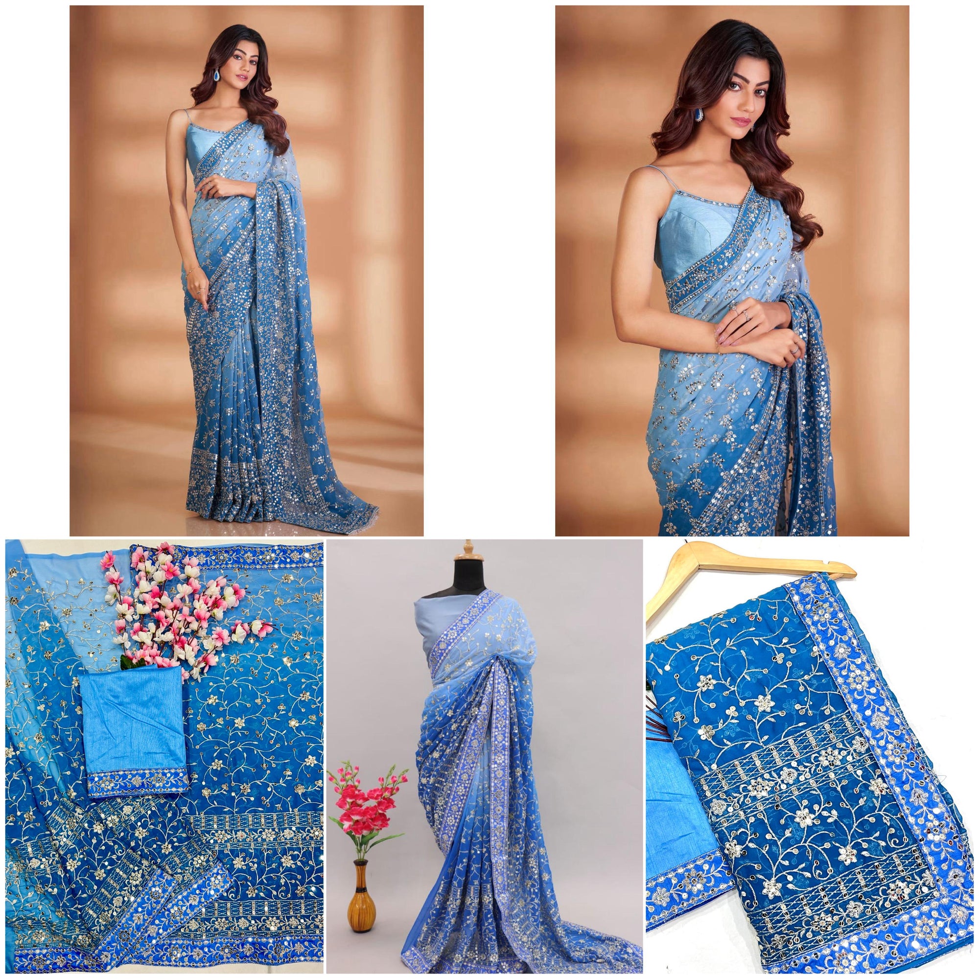 Heavy Fox Georgette With Padding Print And 7.MM Sequence + Zari 🔖 Work In Allover Saree