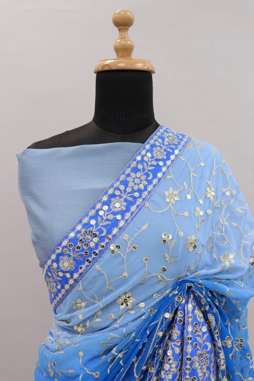 Heavy Fox Georgette With Padding Print And 7.MM Sequence + Zari 🔖 Work In Allover Saree