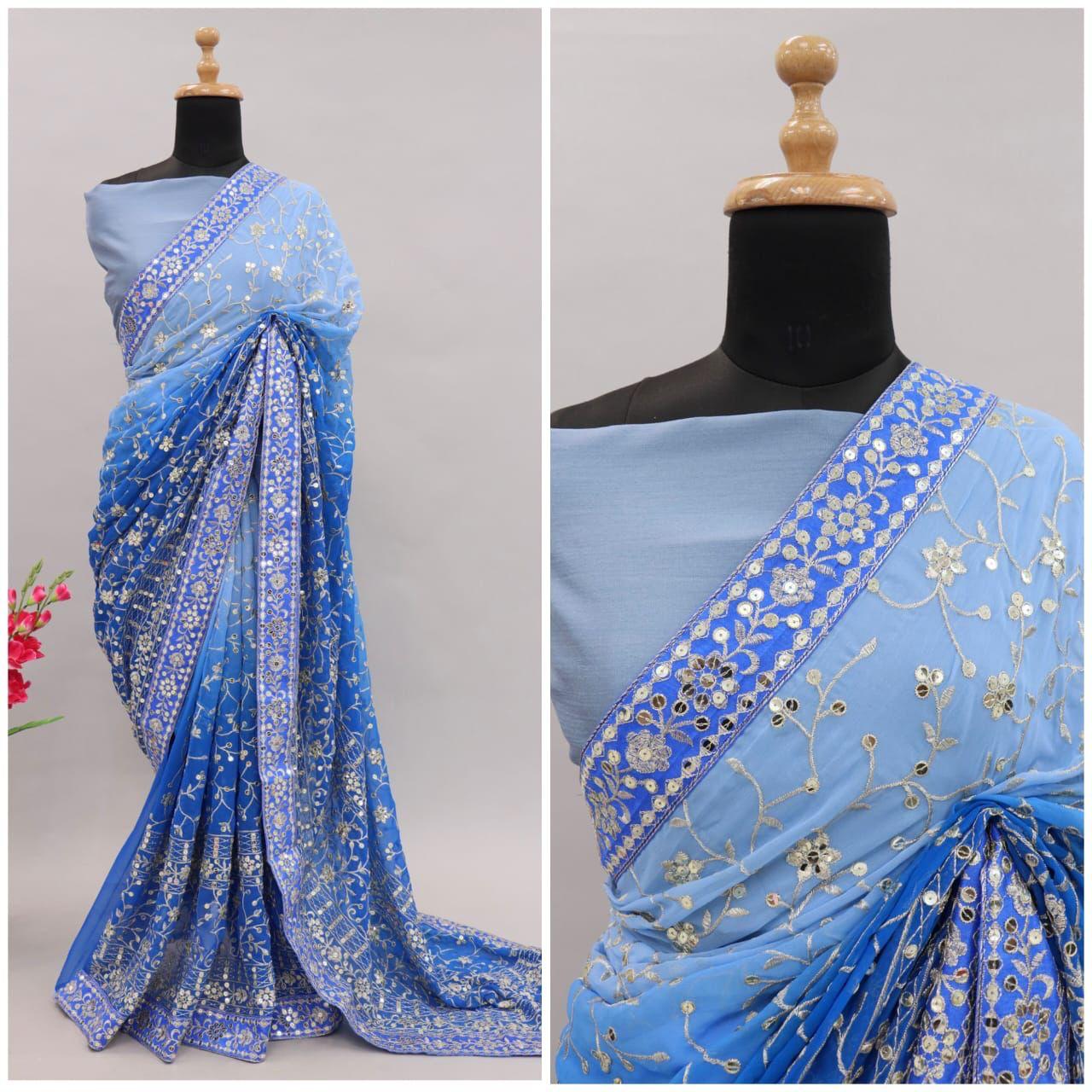 Heavy Fox Georgette With Padding Print And 7.MM Sequence + Zari 🔖 Work In Allover Saree