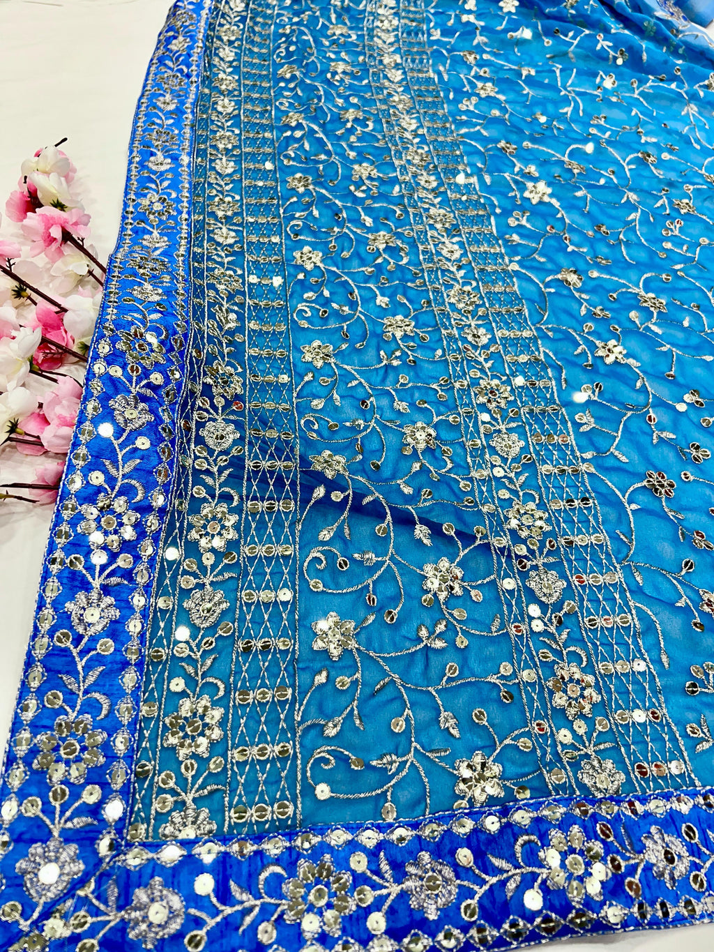 Heavy Fox Georgette With Padding Print And 7.MM Sequence + Zari 🔖 Work In Allover Saree