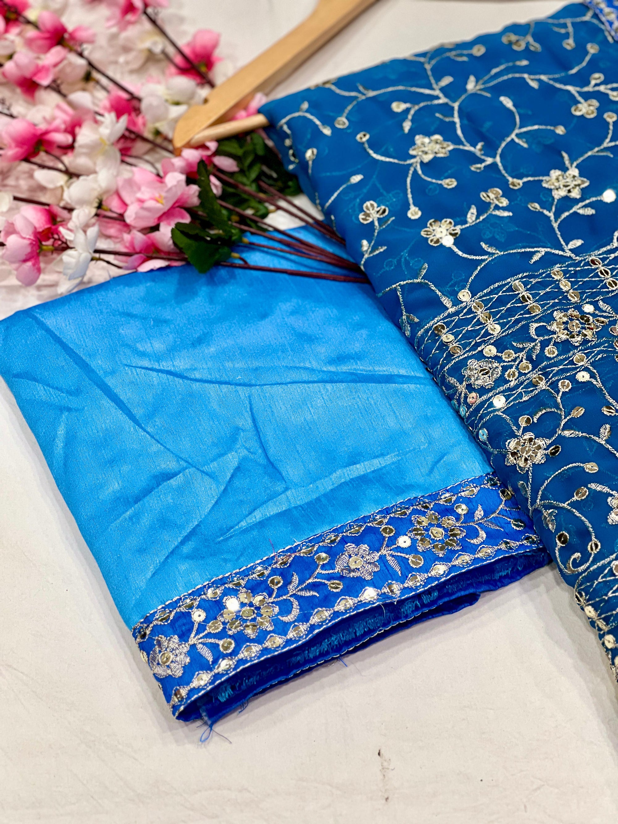 Heavy Fox Georgette With Padding Print And 7.MM Sequence + Zari 🔖 Work In Allover Saree