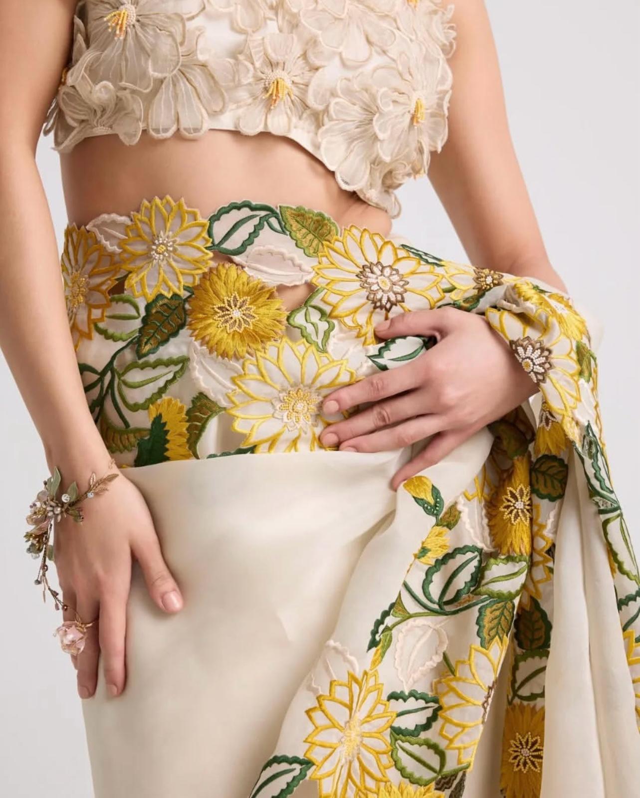 Khadi Organza With Beautiful Flowers Design In Multi Embroidery C Pallu Cut Work