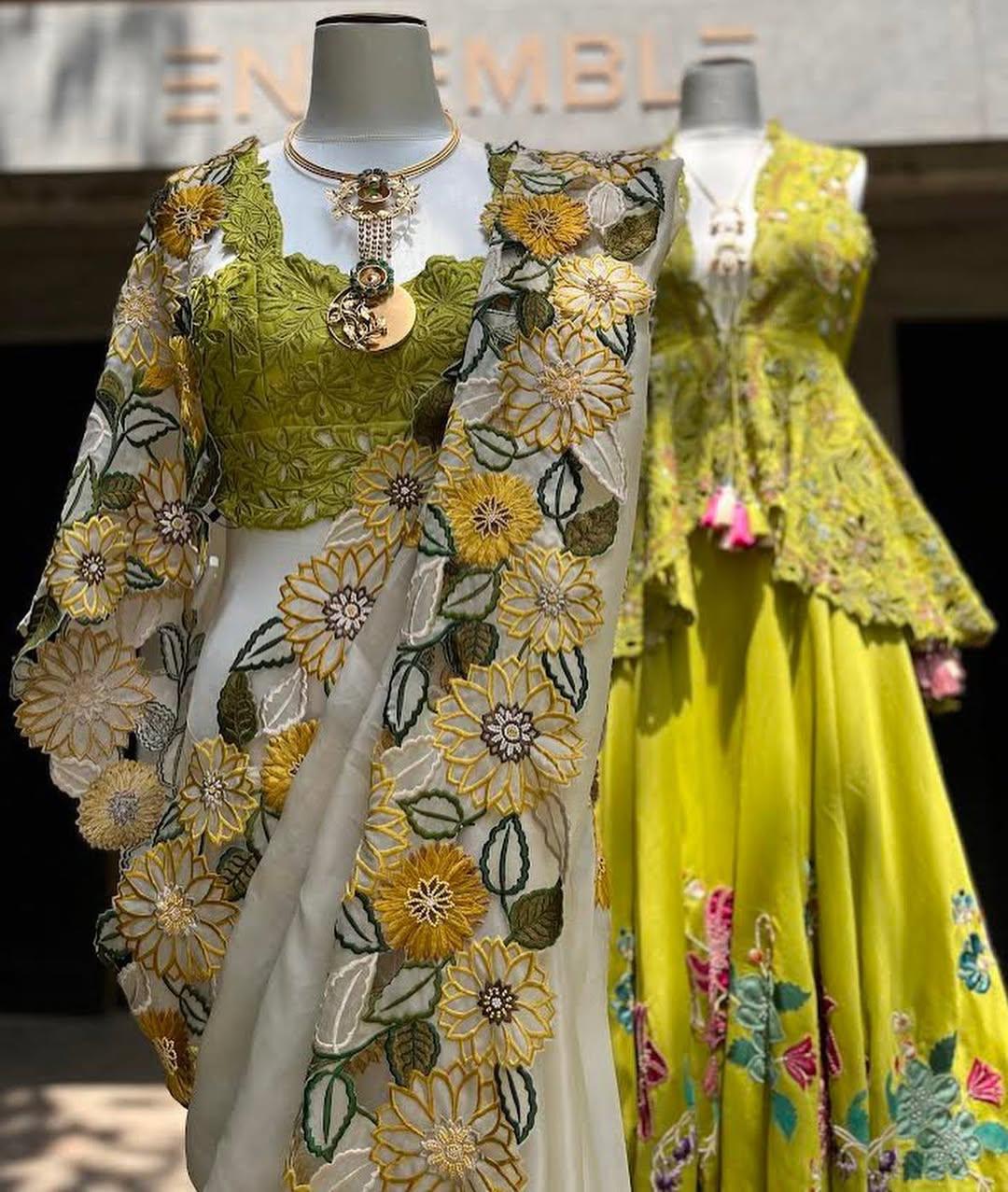 Khadi Organza With Beautiful Flowers Design In Multi Embroidery C Pallu Cut Work