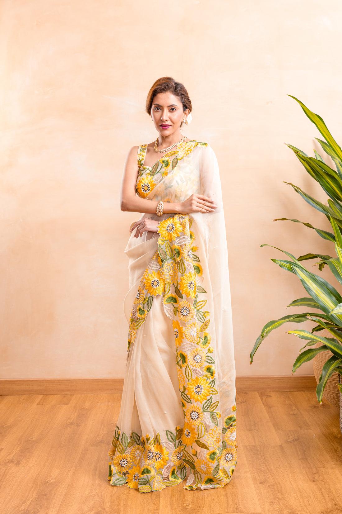 Khadi Organza With Beautiful Flowers Design In Multi Embroidery C Pallu Cut Work
