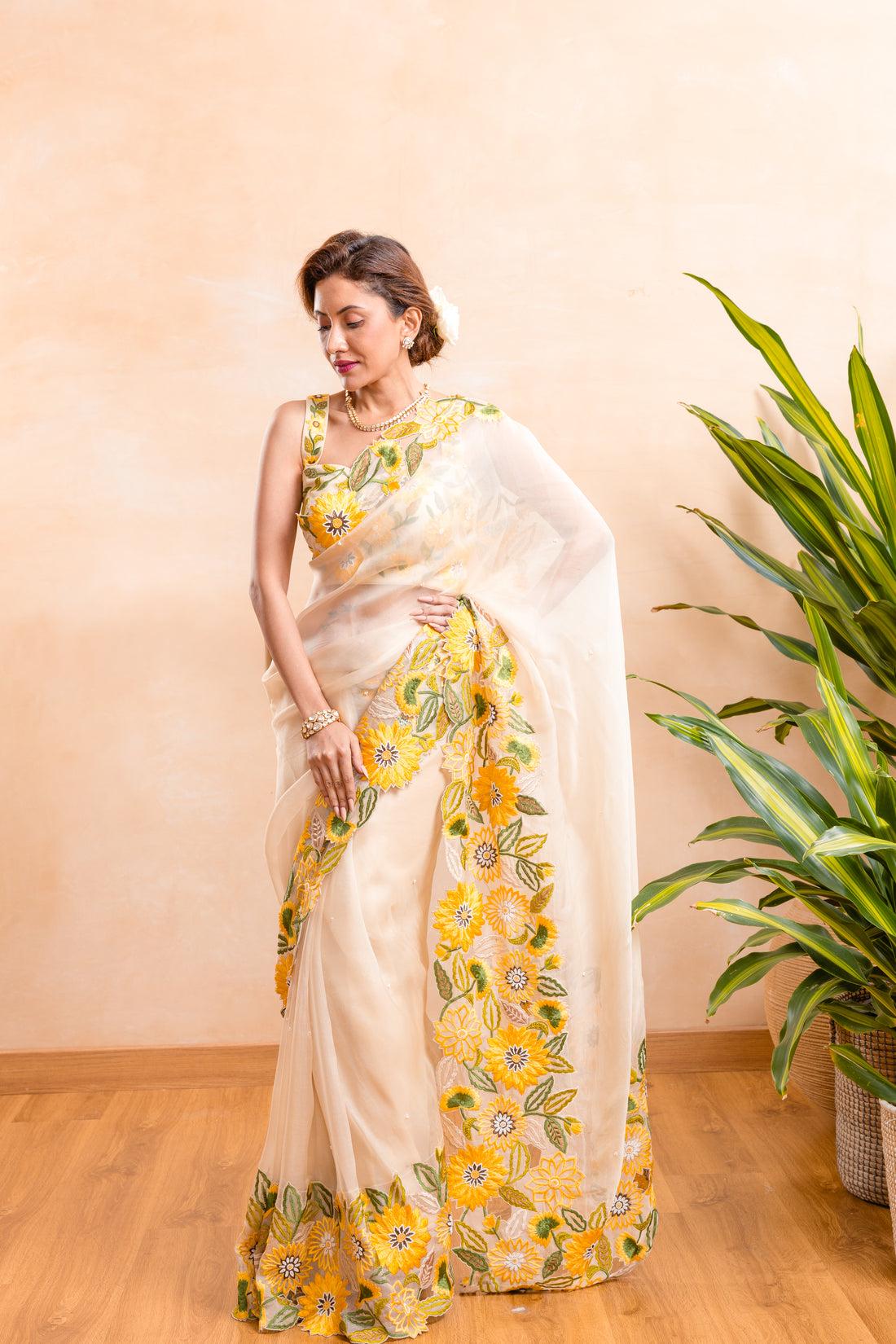 Khadi Organza With Beautiful Flowers Design In Multi Embroidery C Pallu Cut Work