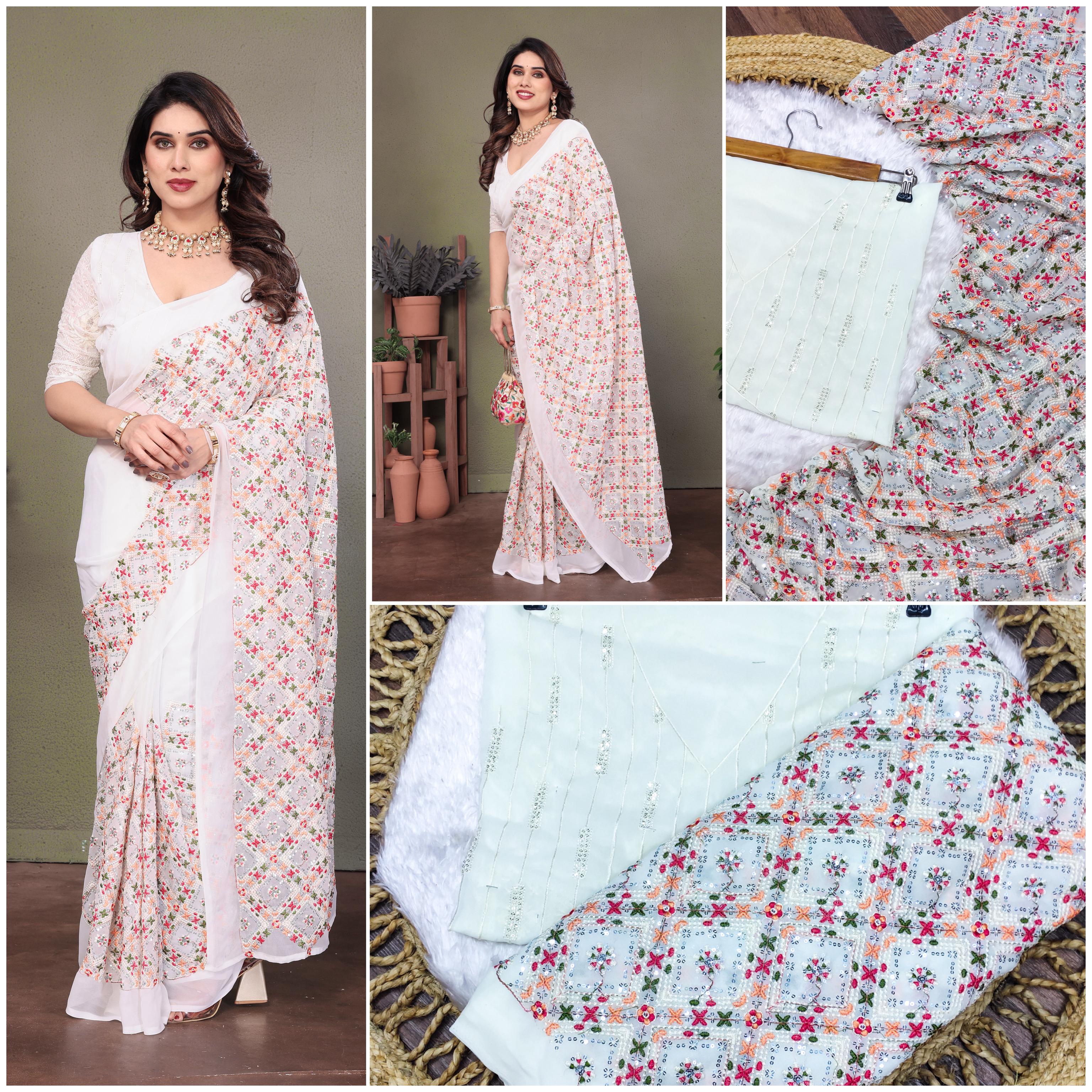 Multi Color Exclusive Beautiful  Embroidery Work Saree